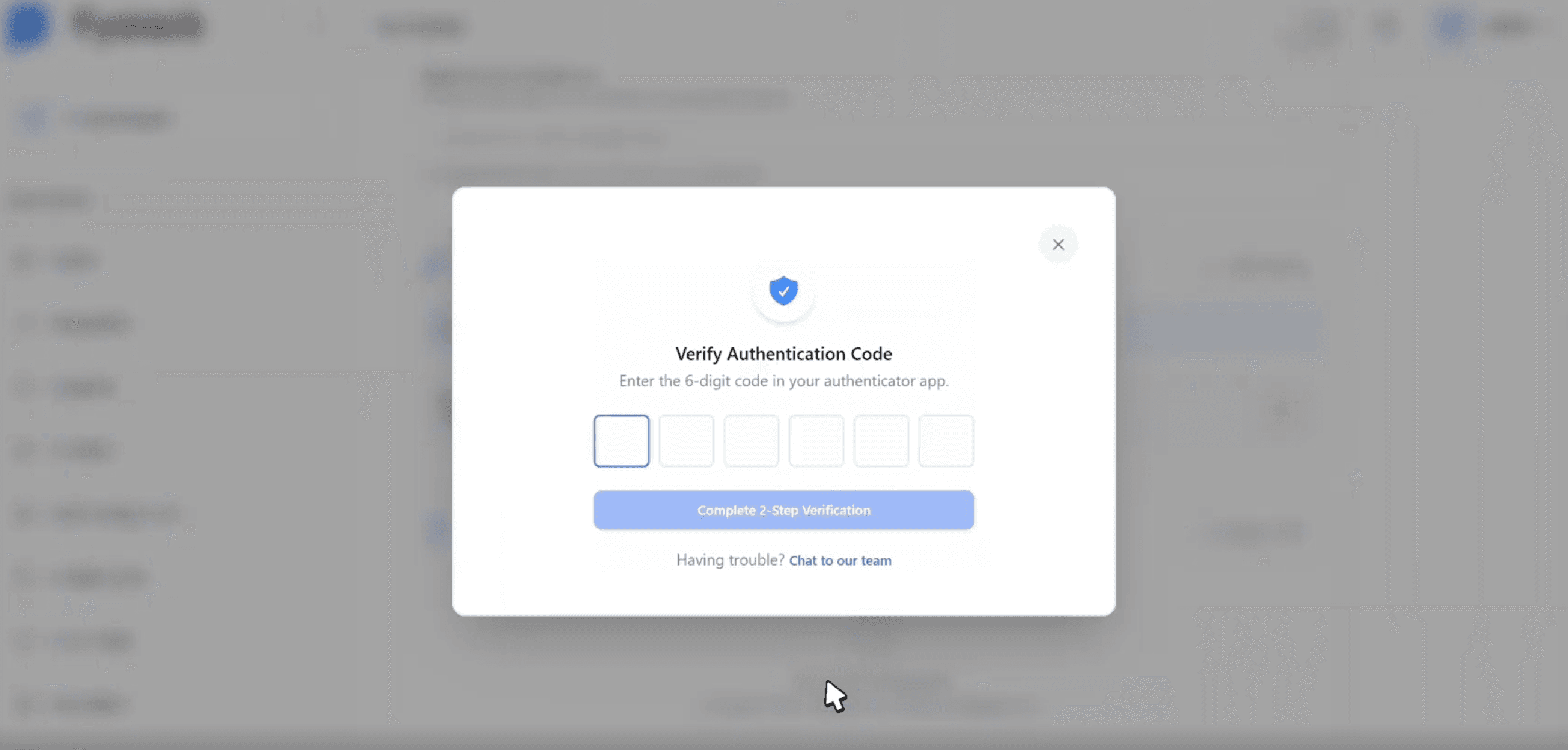 Verify Authentication Code dialog with 6-digit code input
