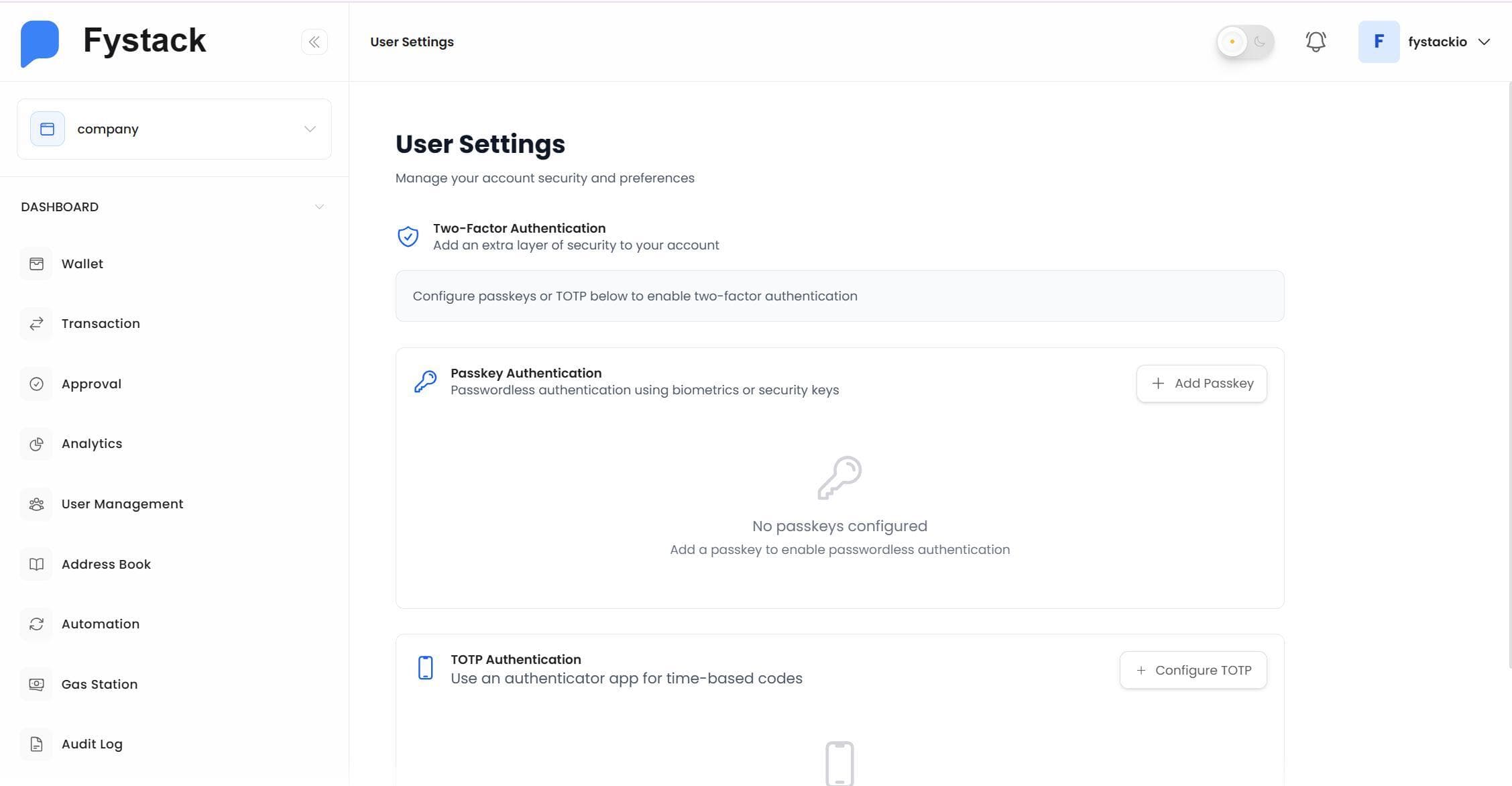 User Settings page showing Two-Factor Authentication options