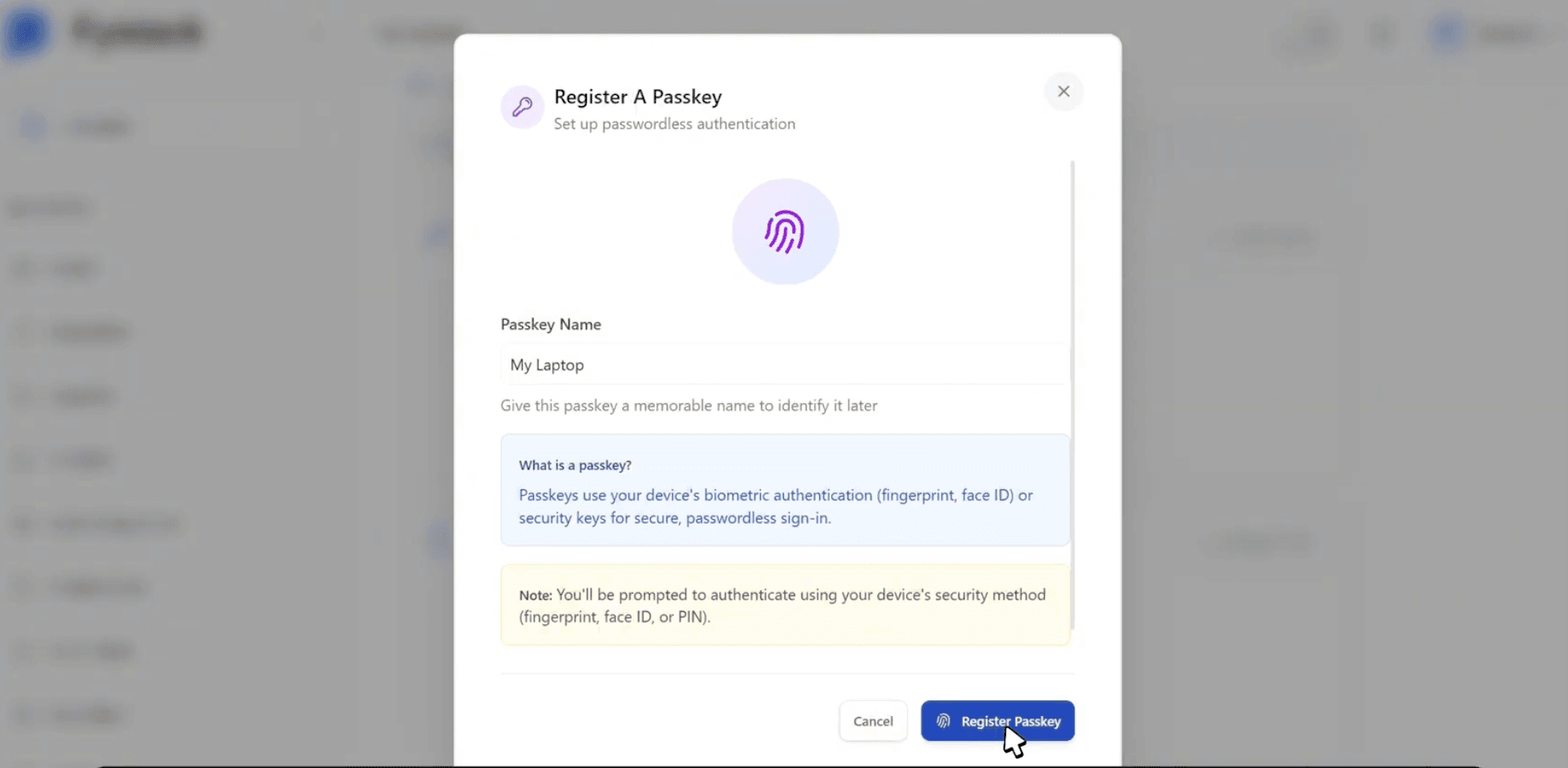 Register A Passkey dialog with a name field