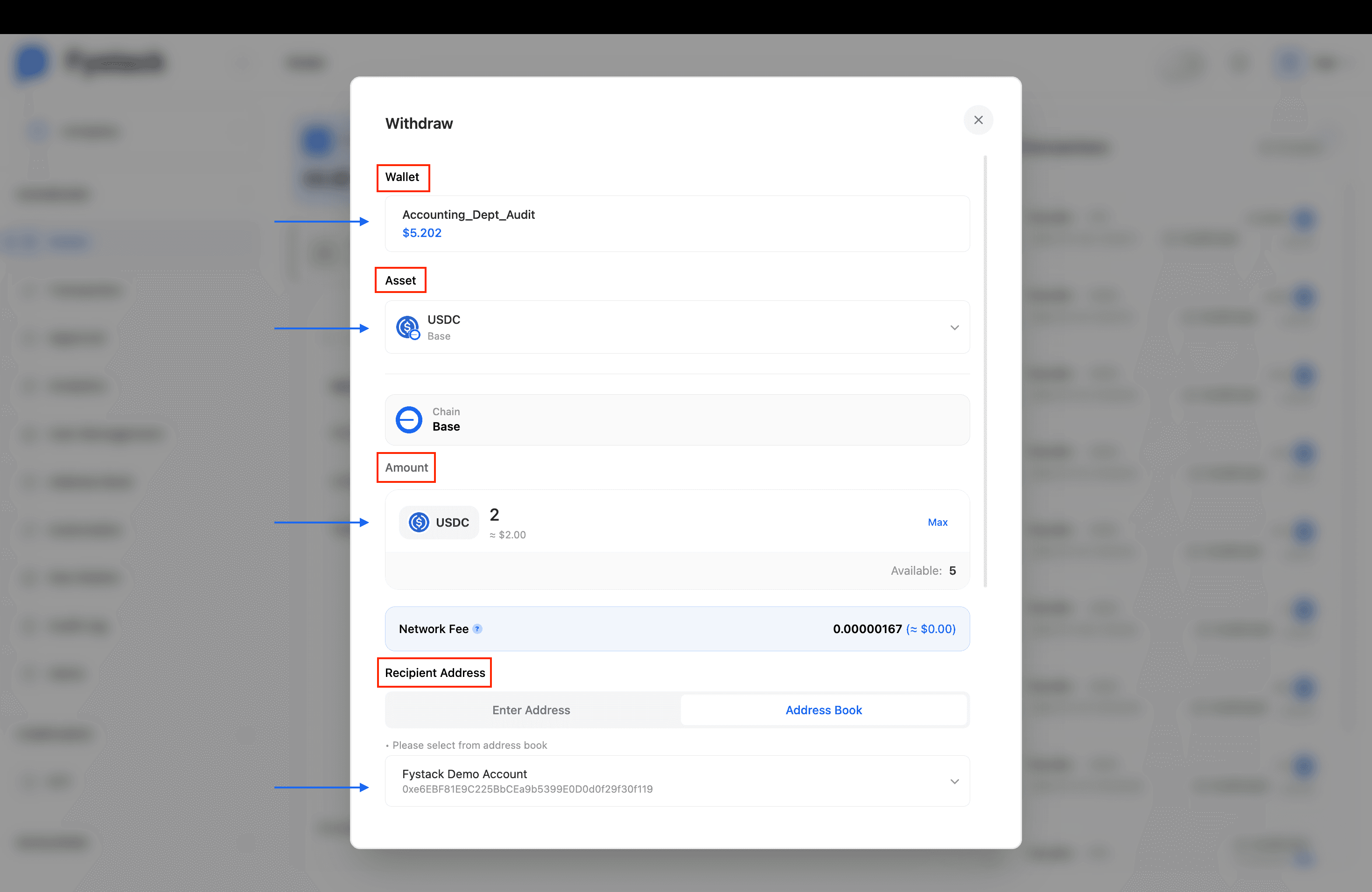 Withdraw modal showing Wallet, Asset, Amount, and Recipient Address fields