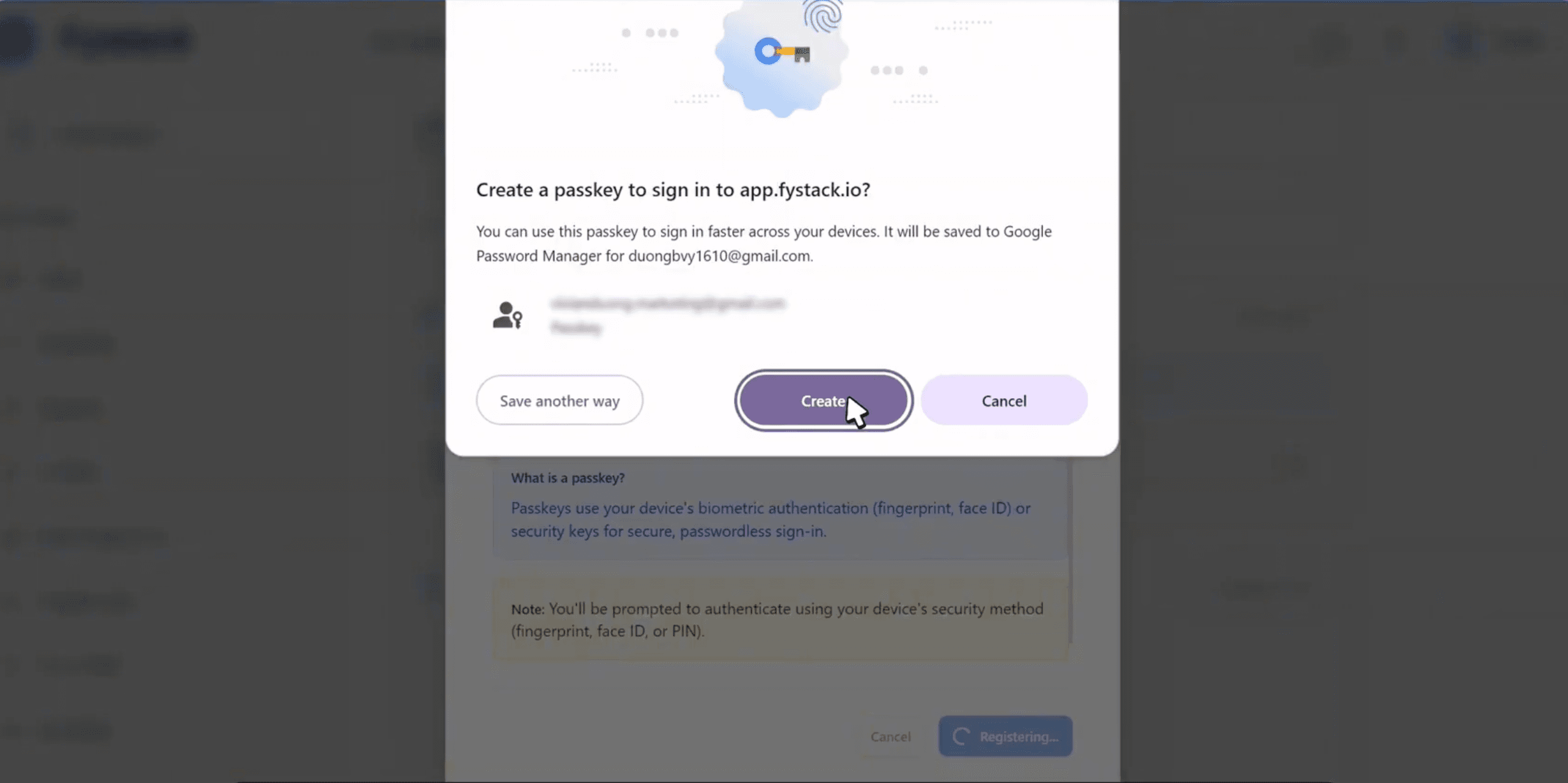 Browser prompt to create a passkey for app.fystack.io