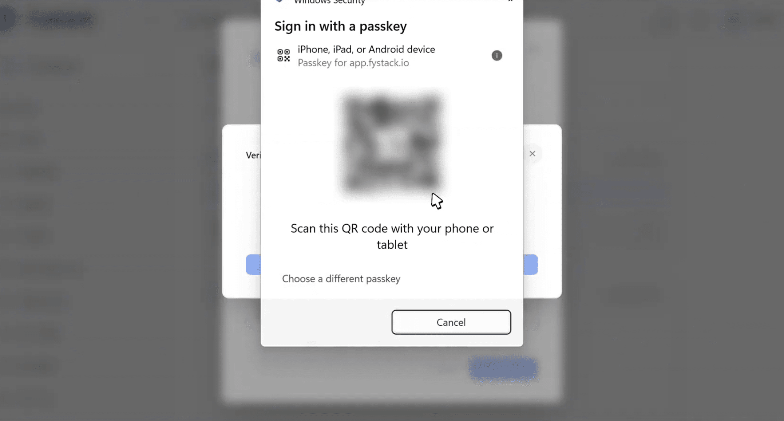 QR code option to sign in with a passkey from a phone or tablet