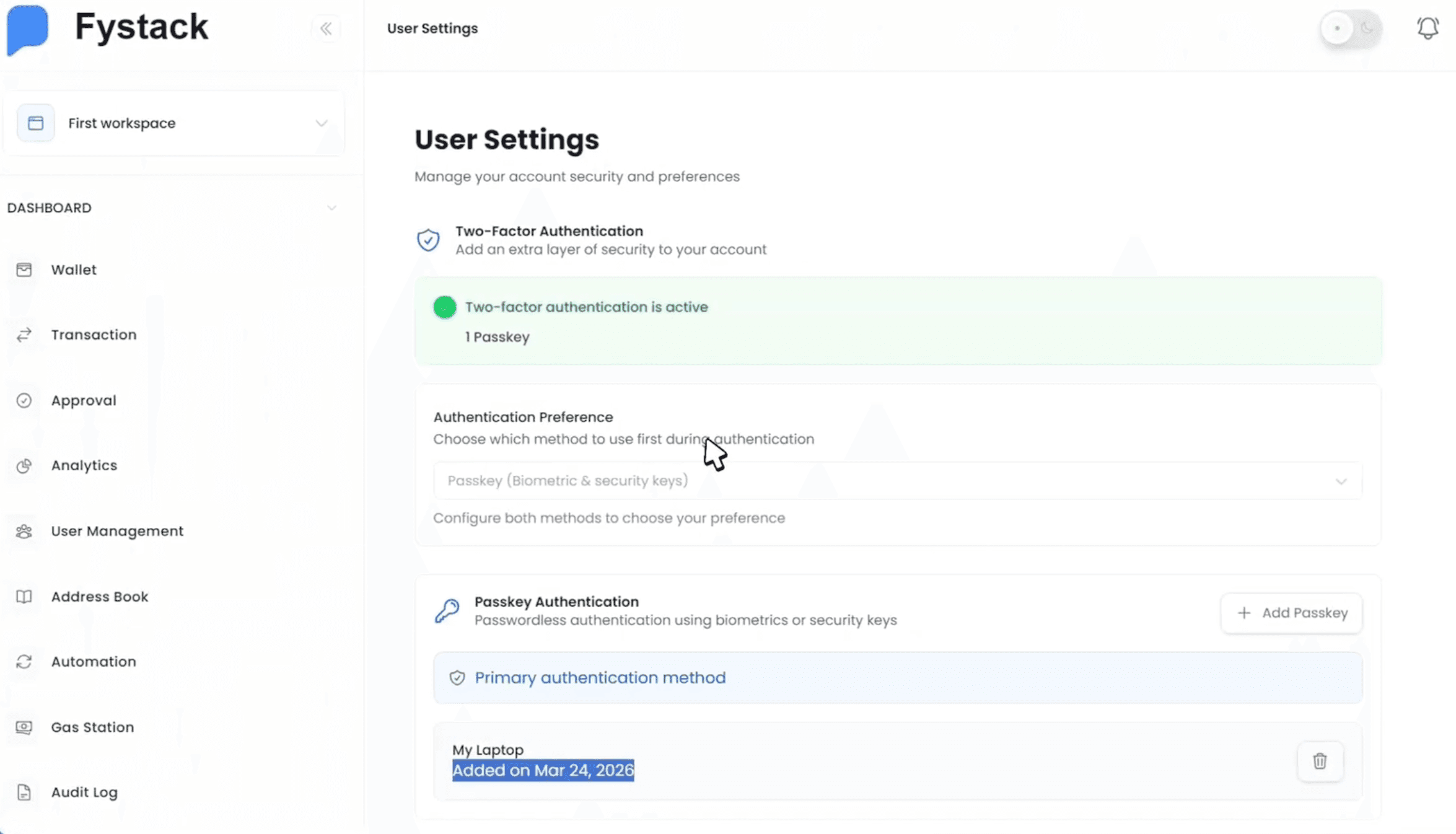 User Settings showing the registered passkey as primary authentication method