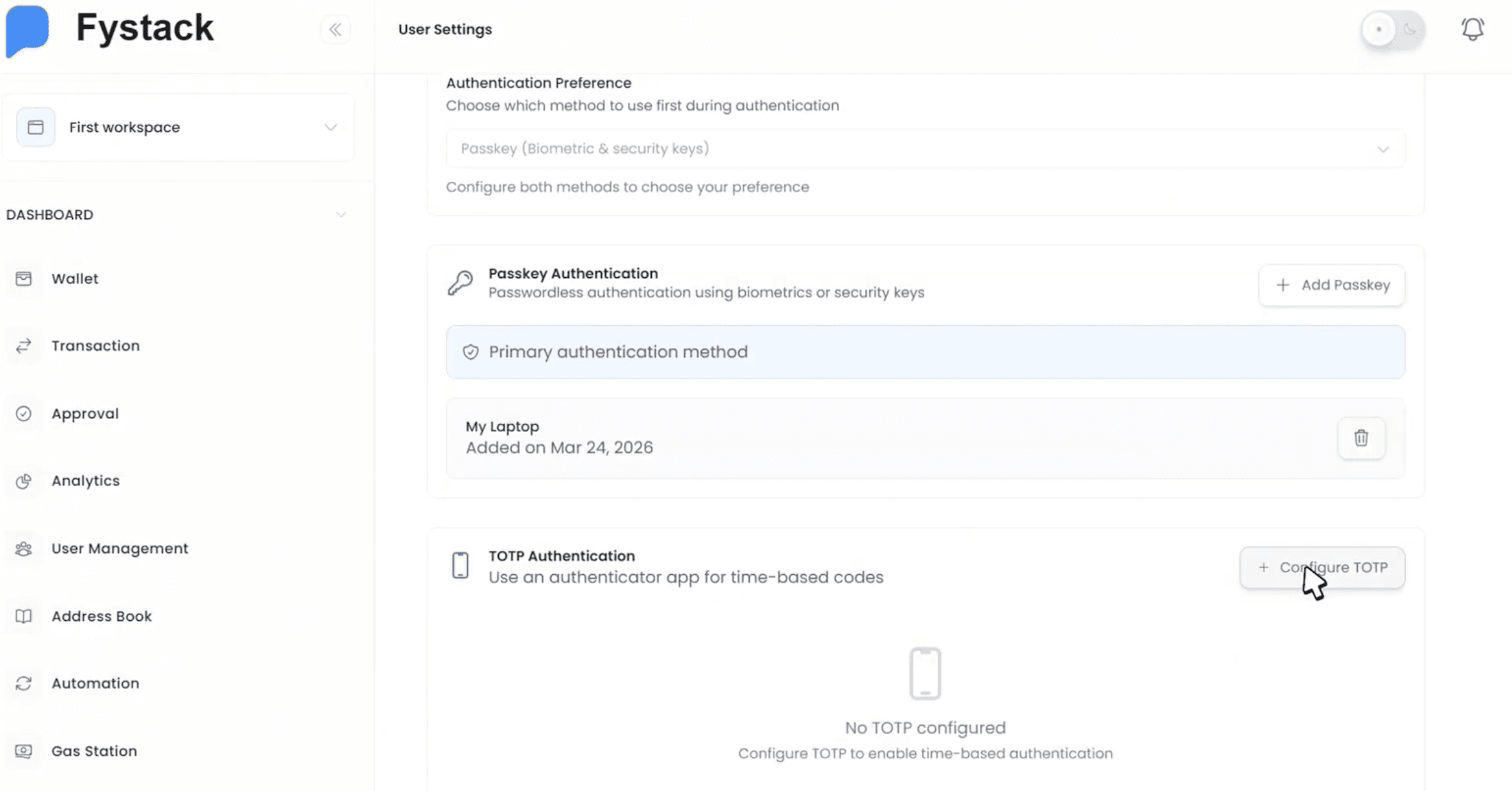User Settings with the Configure TOTP button highlighted