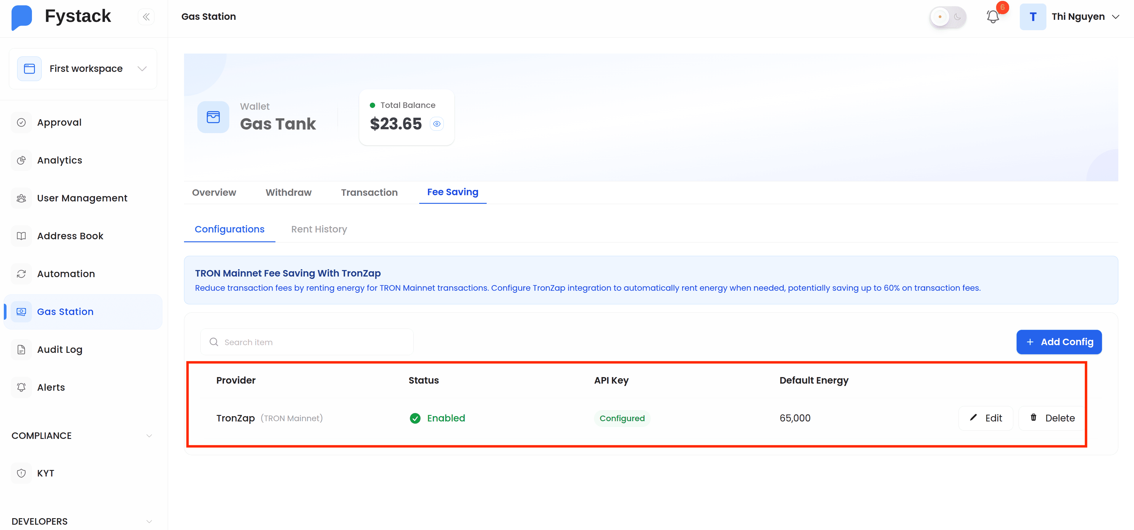 Fee Saving Configurations list showing TronZap as Enabled and Configured