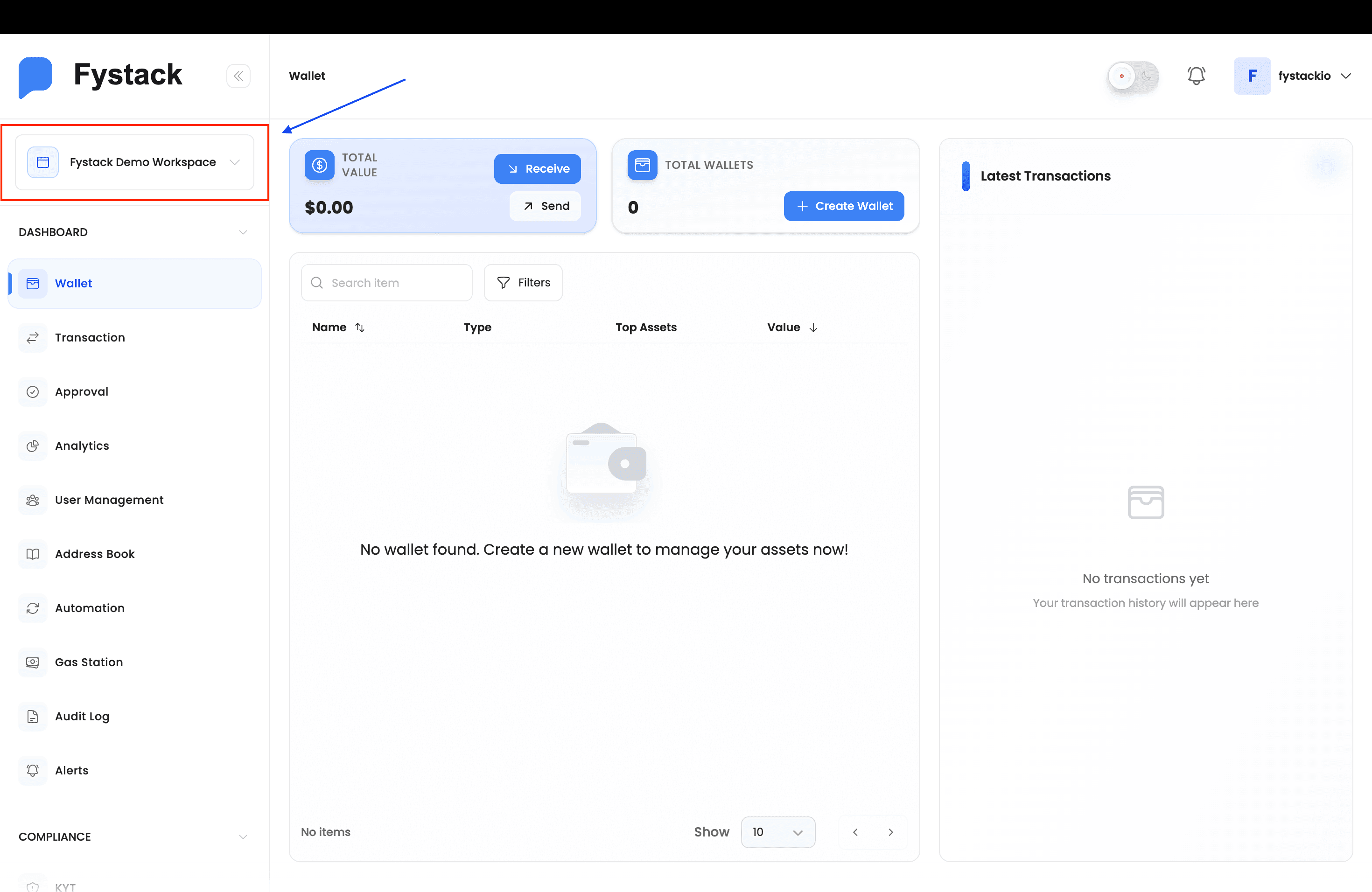 Fystack Demo Workspace dashboard overview