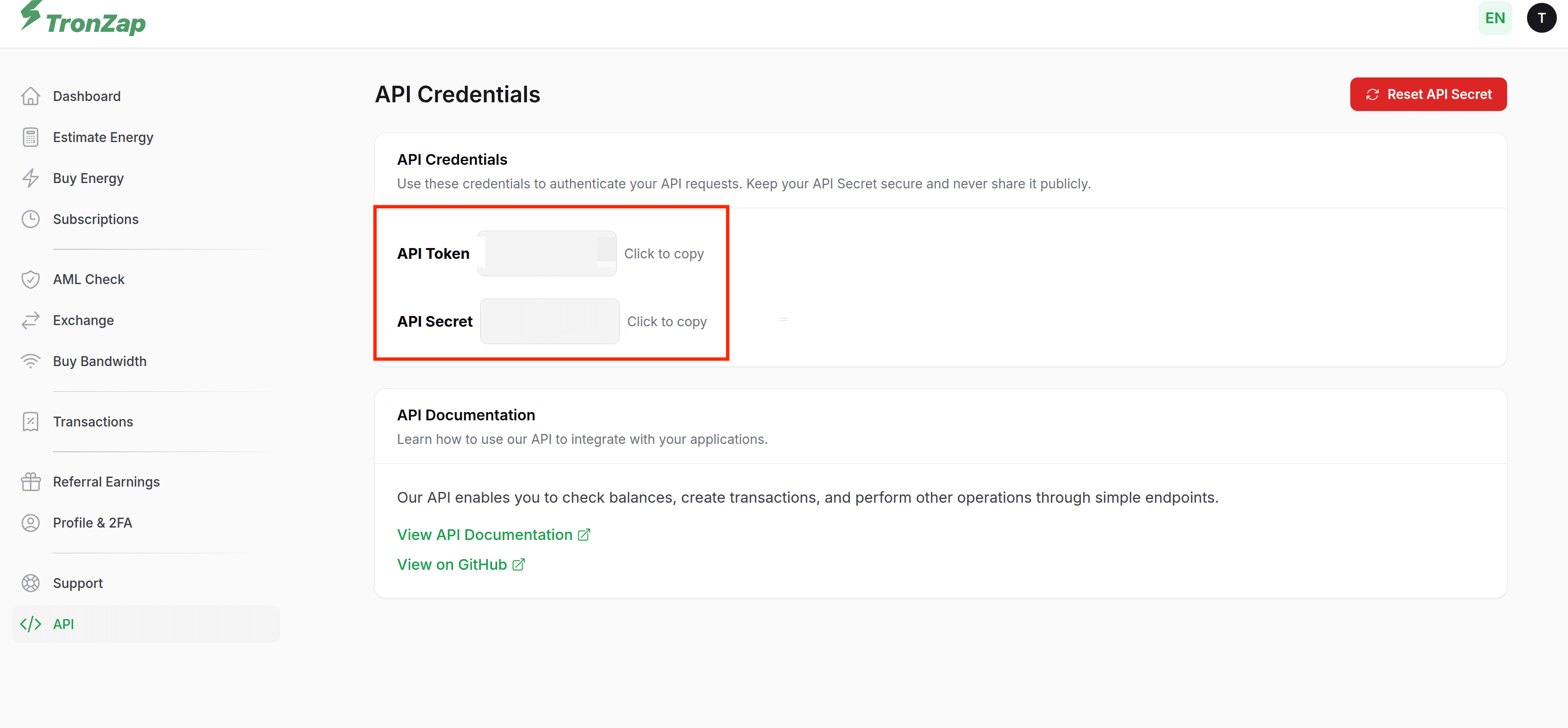 TronZap API Credentials page showing API Token and API Secret