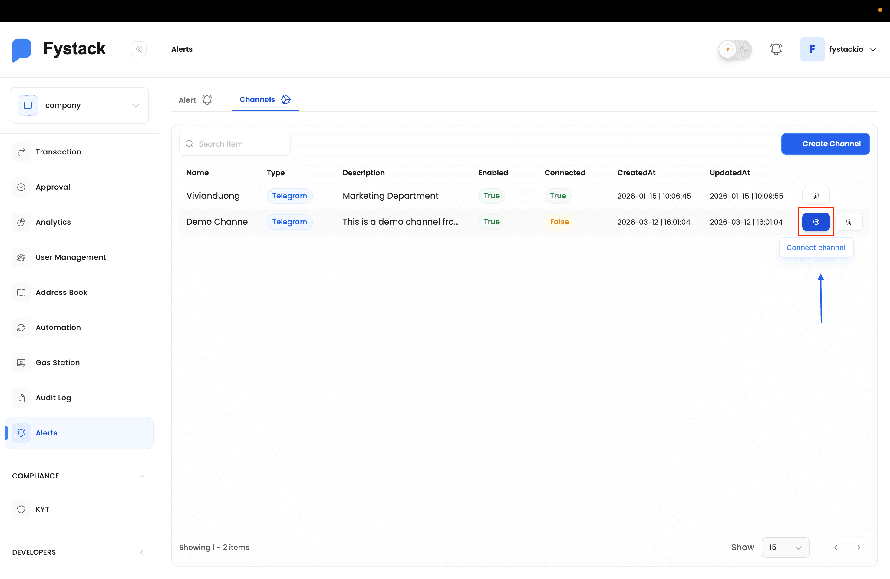 Connect channel icon highlighted on the Channels list row