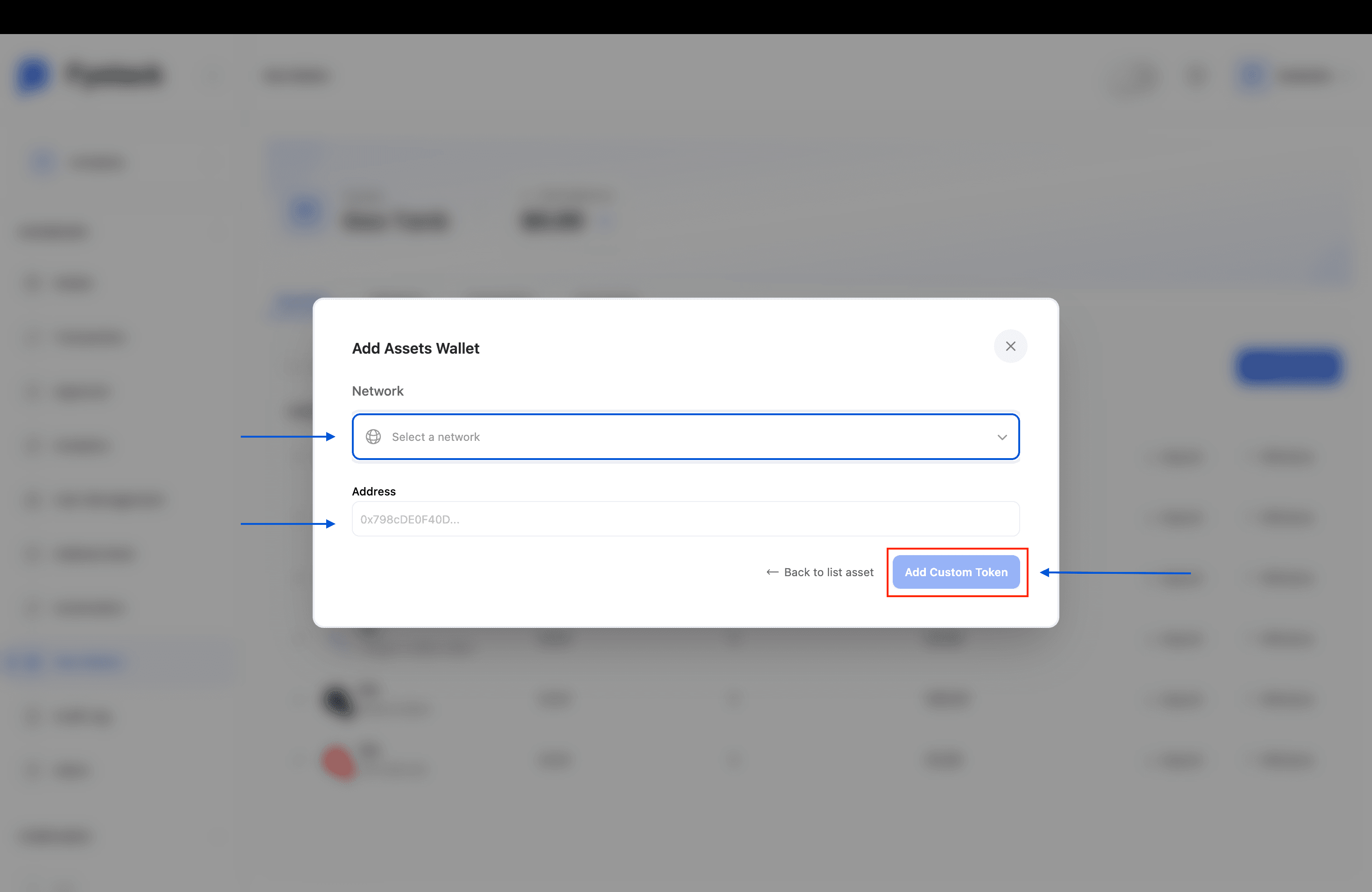 Add Assets Wallet modal for a custom token showing Network and Address fields