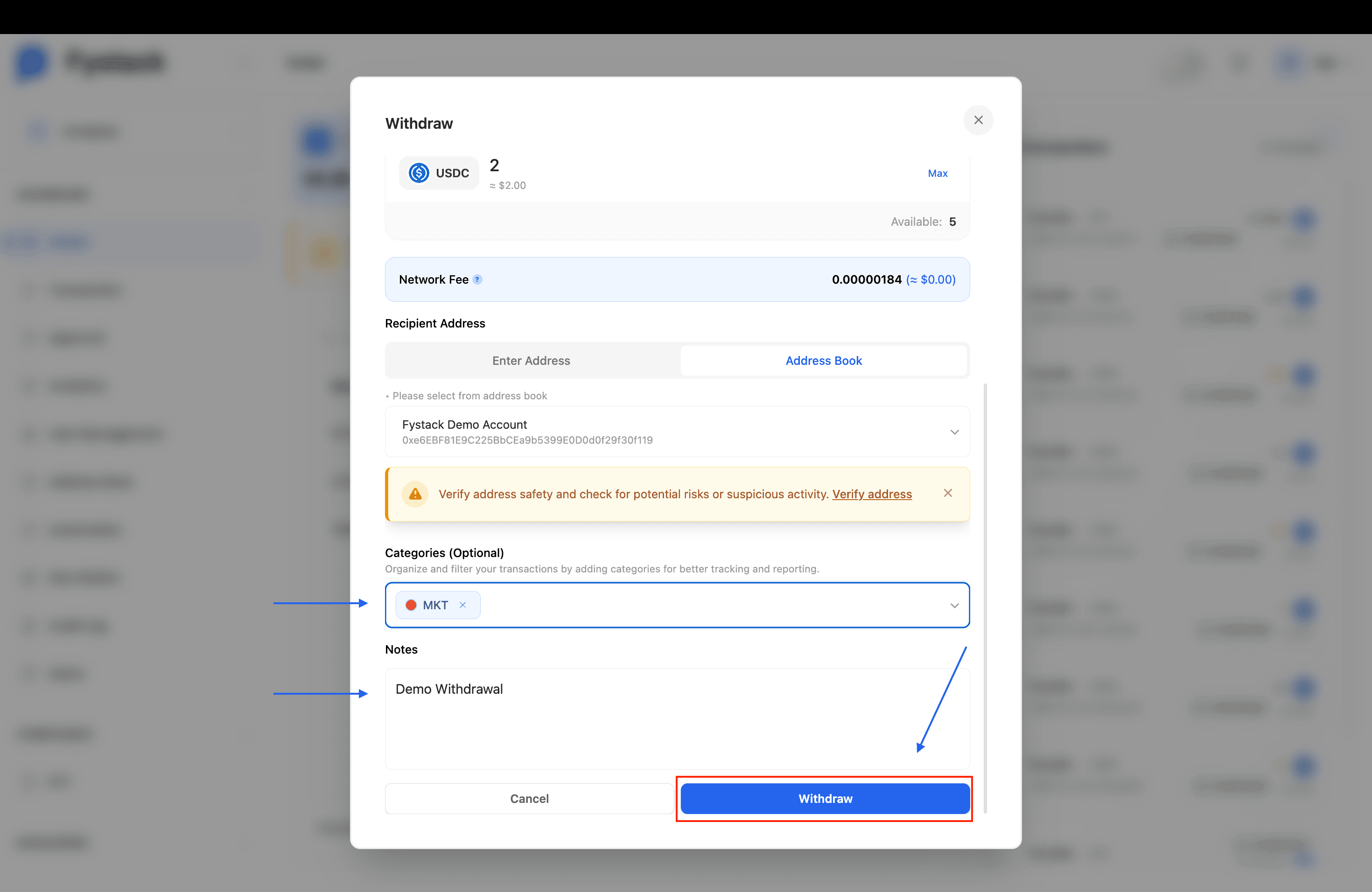 Withdraw modal showing category selection, notes field, and the Withdraw button