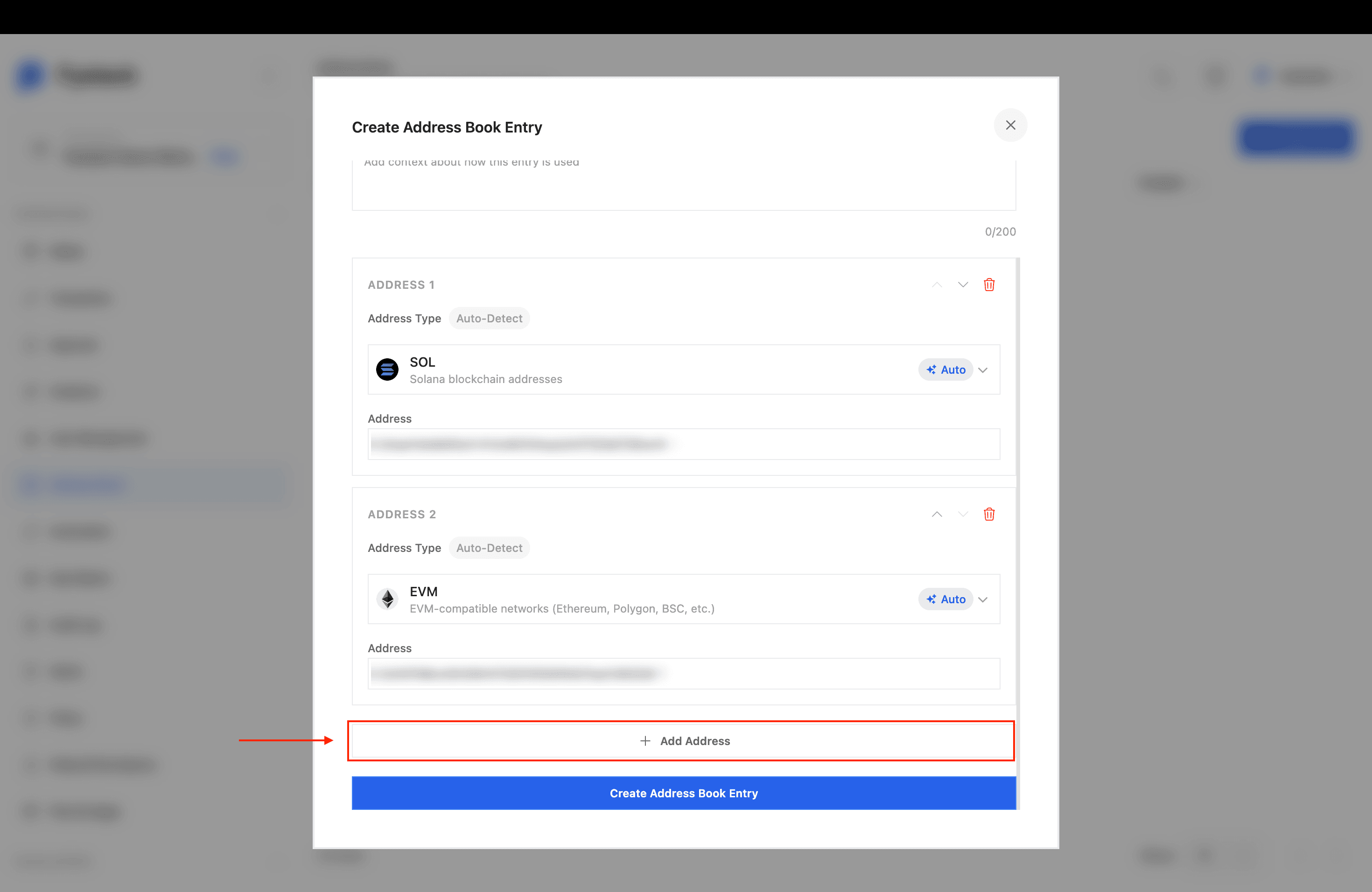 Create Address Book Entry dialog with a Solana address in the first block and an EVM address in the second, and the Add Address button highlighted