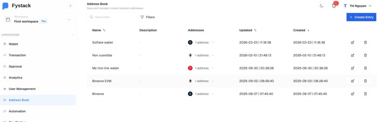 Address Book showing saved entries with their name, chain icons, address count, and last updated time