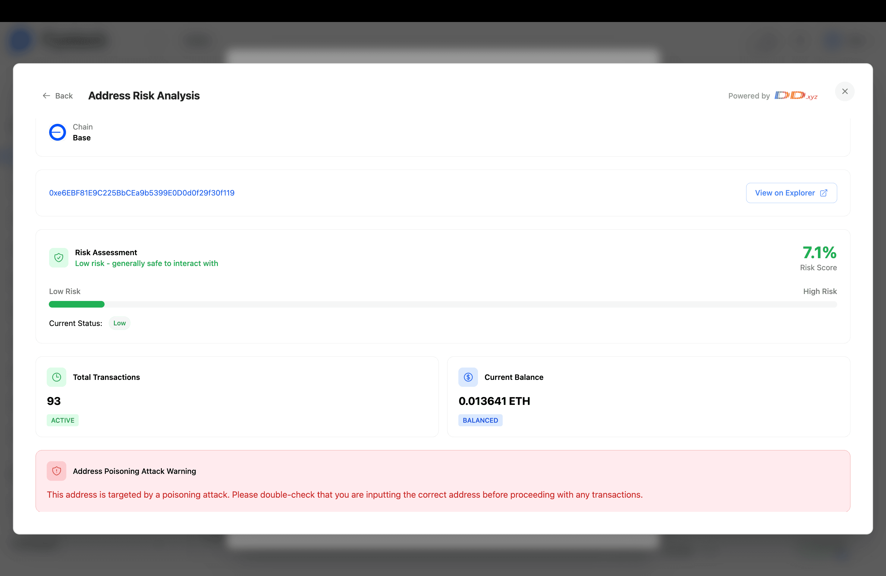 Address Risk Analysis panel showing a 7.1% risk score and an Address Poisoning Attack Warning