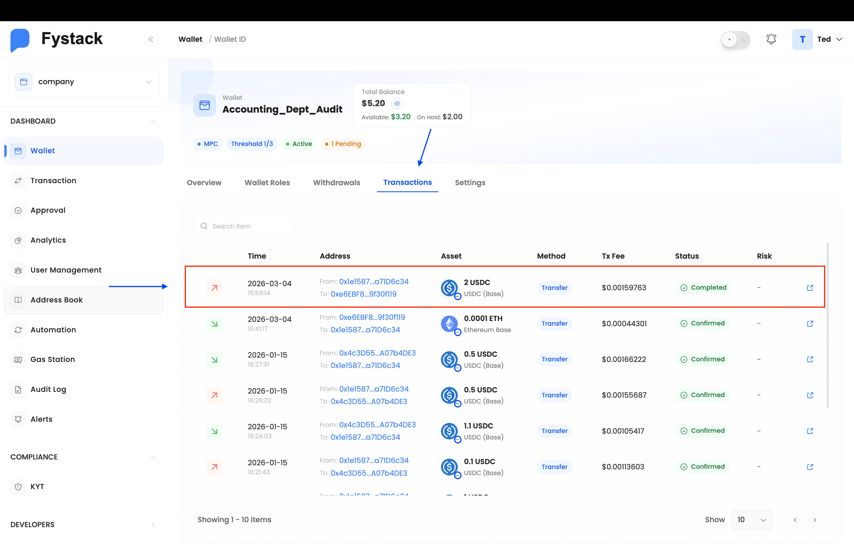 Transactions tab showing the 2 USDC transfer with Completed status