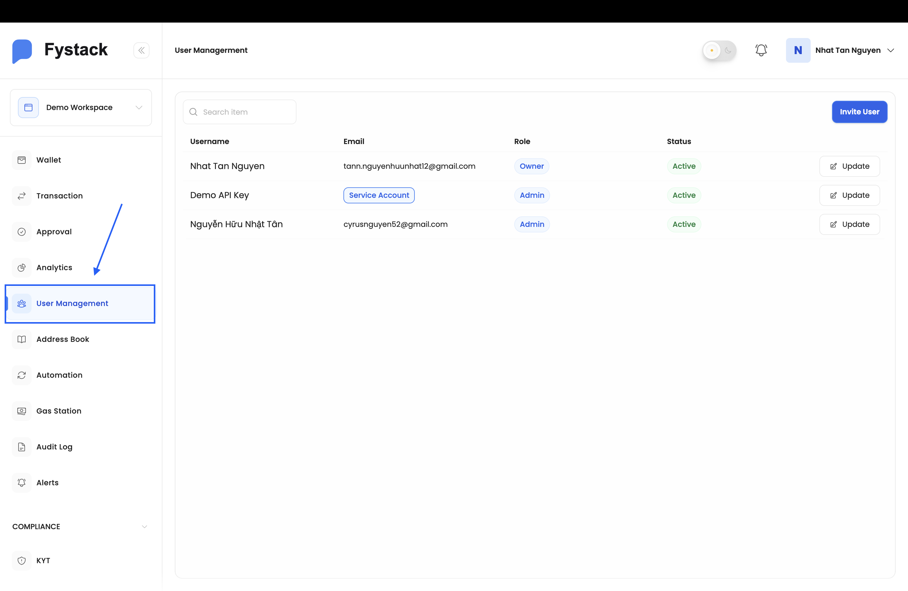 User Management overview showing the member list
