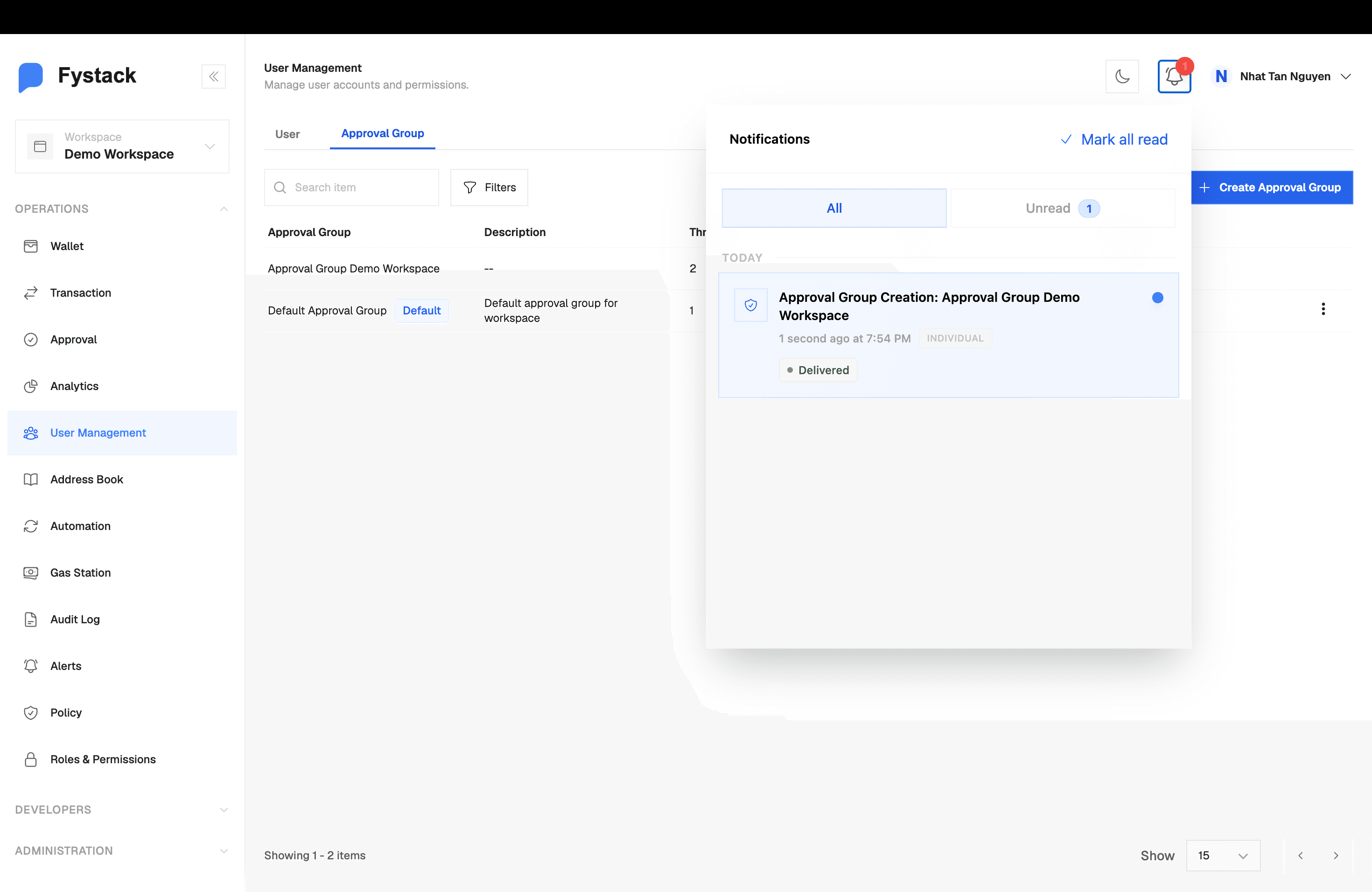 Notification panel showing an Approval Group Creation notification marked as Delivered