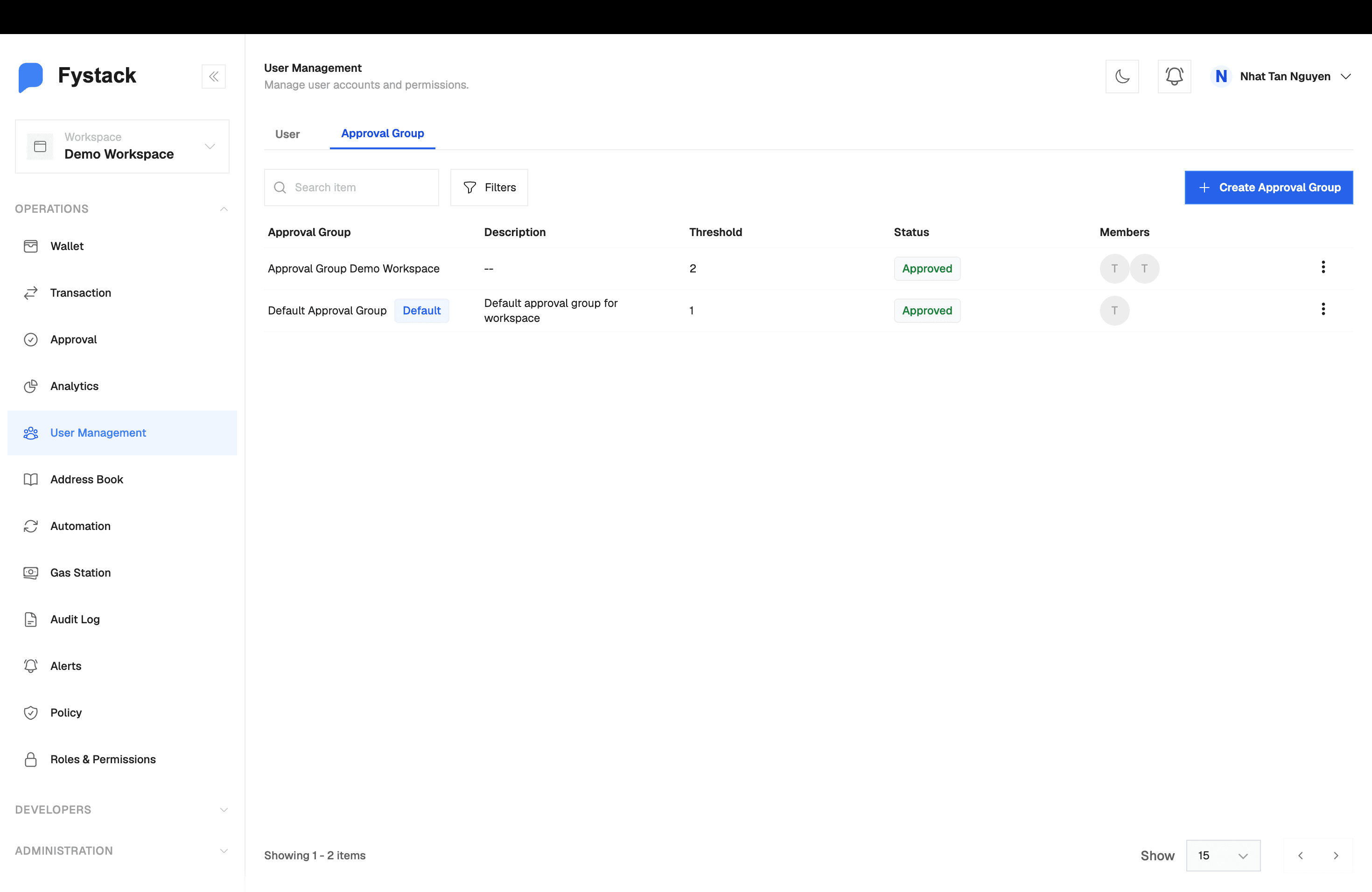 Approval Group tab showing the new group with an Approved status