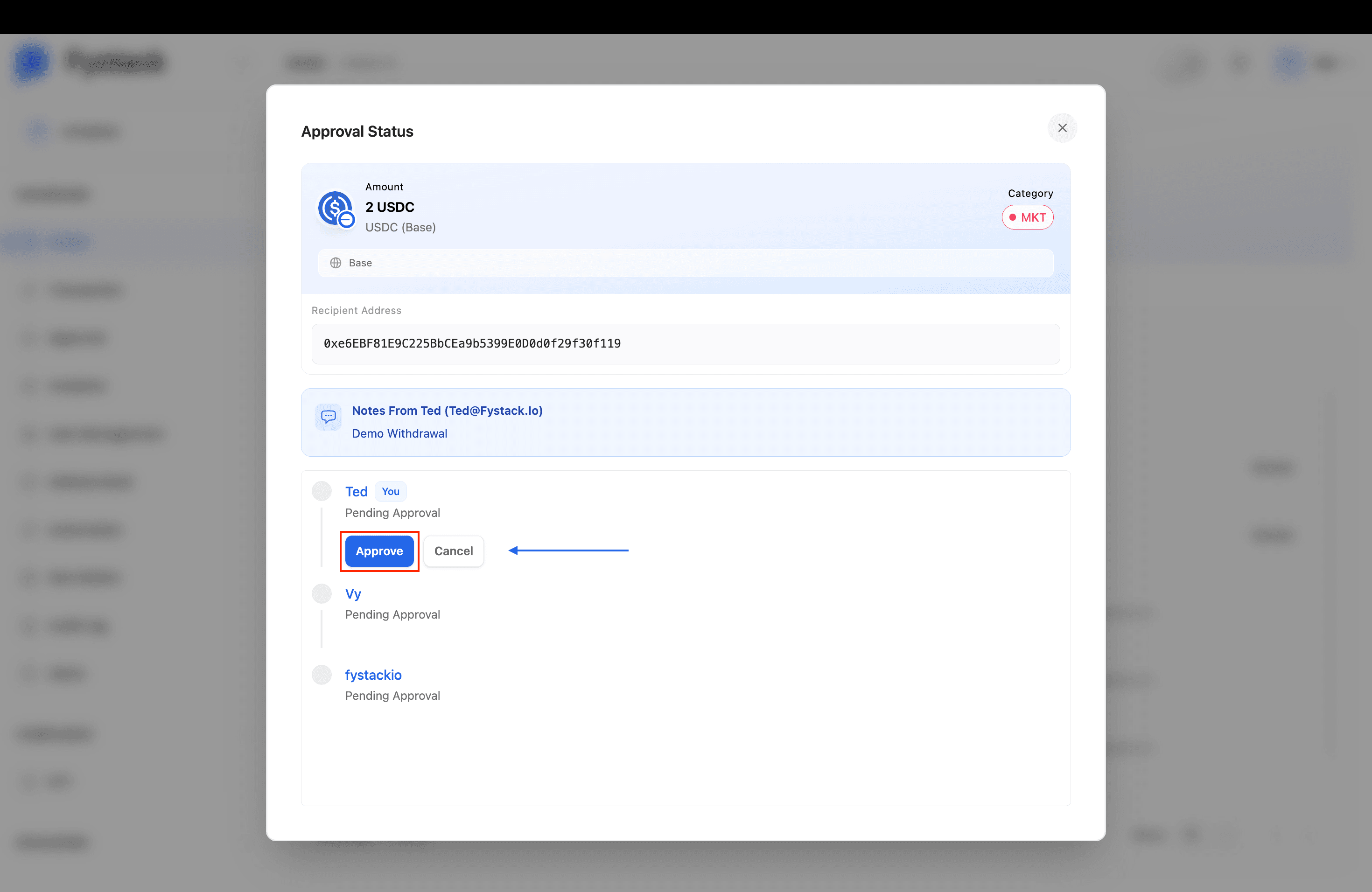 Approval Status modal listing pending approvers for the withdrawal