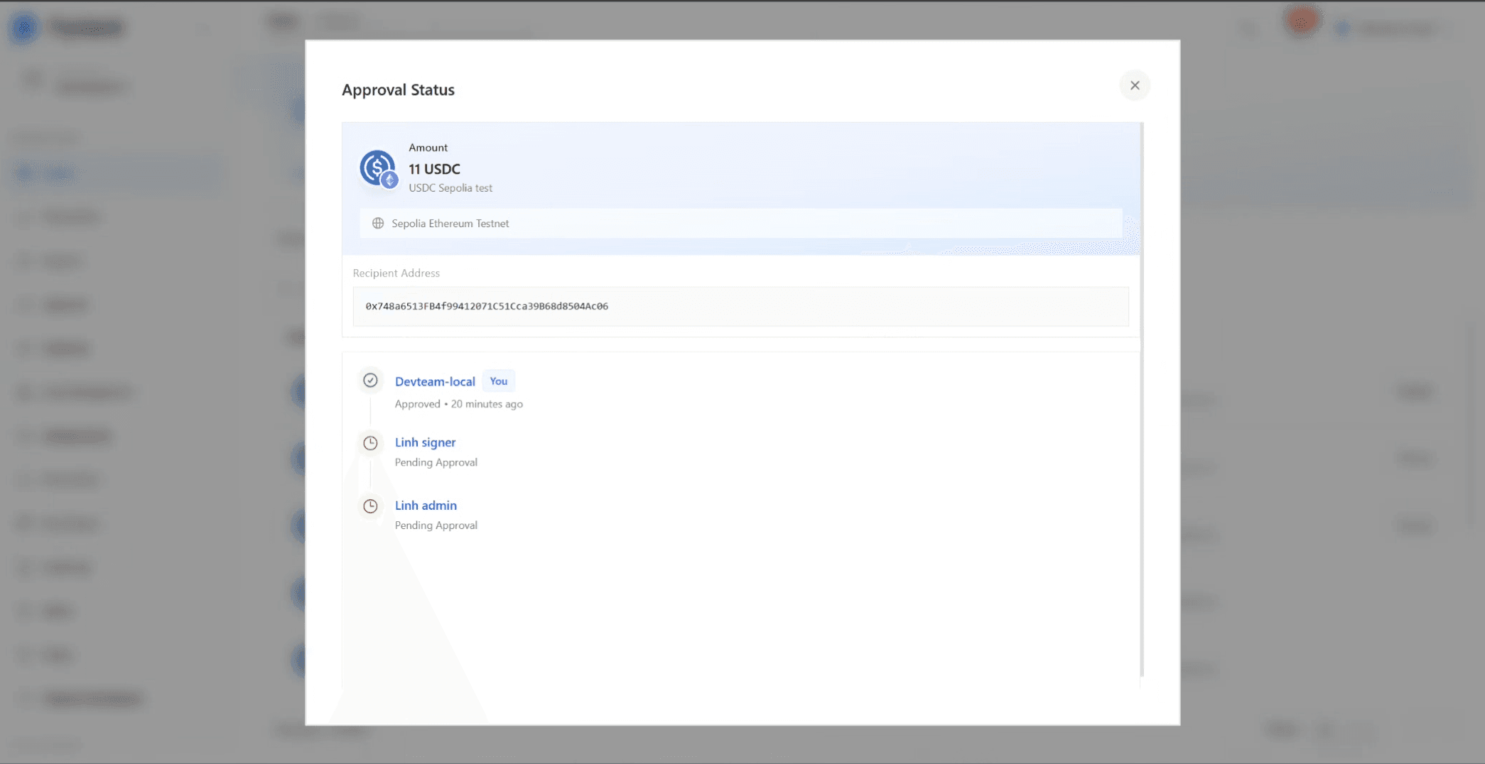 Approval Status dialog showing withdrawal amount, network, recipient address, and a per-member approval timeline