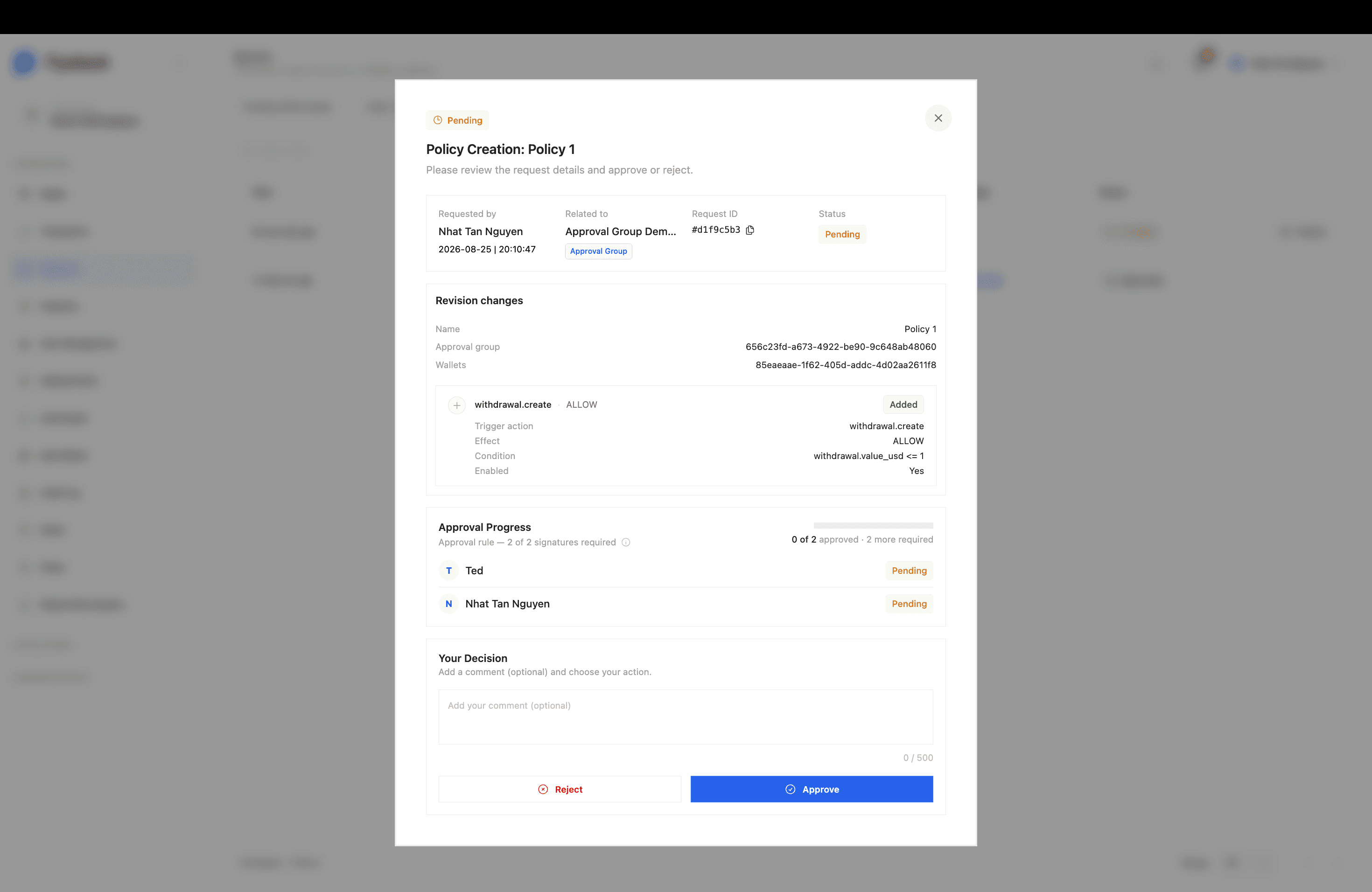 Policy Creation review dialog showing revision changes with rule diffs and approval progress