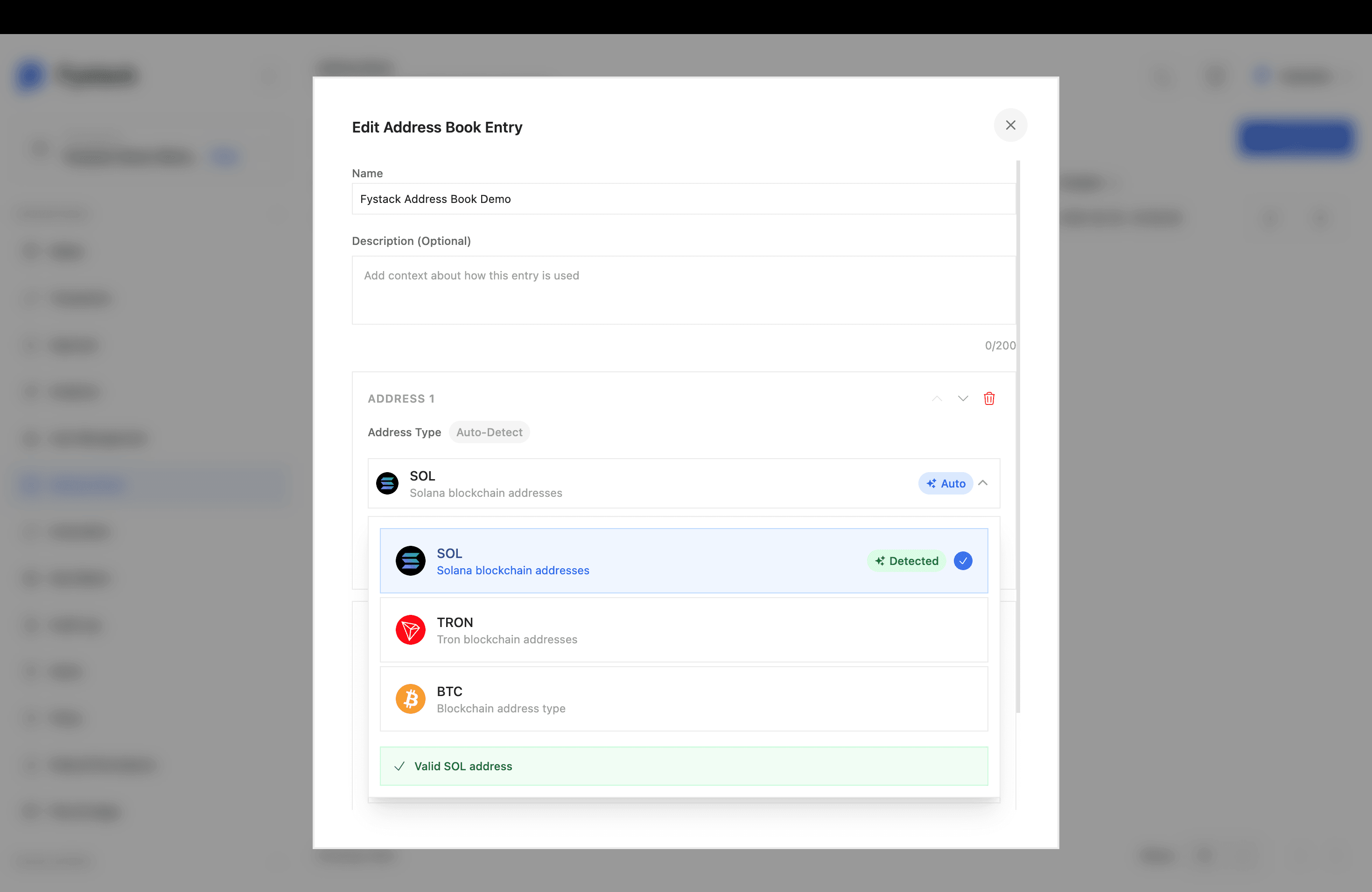 Address type dropdown listing EVM, SOL, TRON, and BTC, with SOL marked Detected and a Valid SOL address confirmation