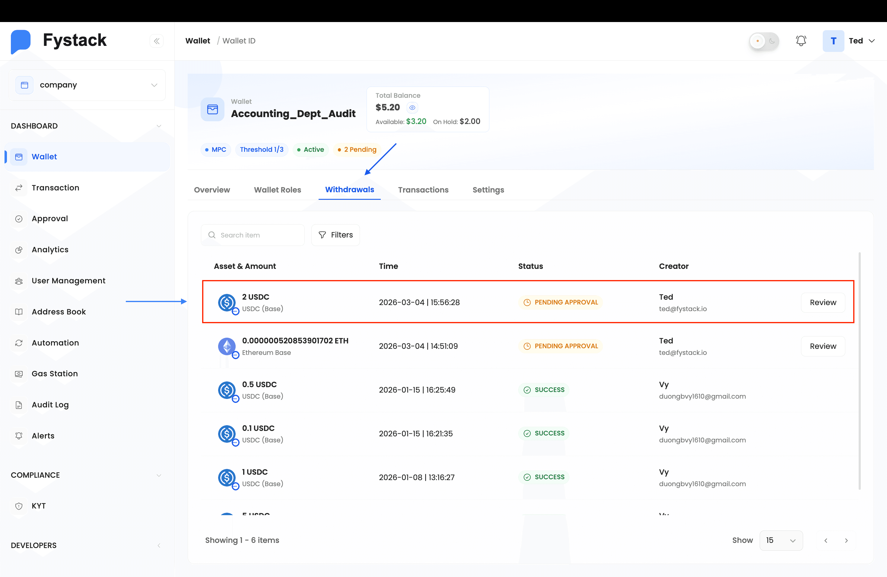 Withdrawals tab showing the new 2 USDC transaction with Pending Approval status and funds on hold
