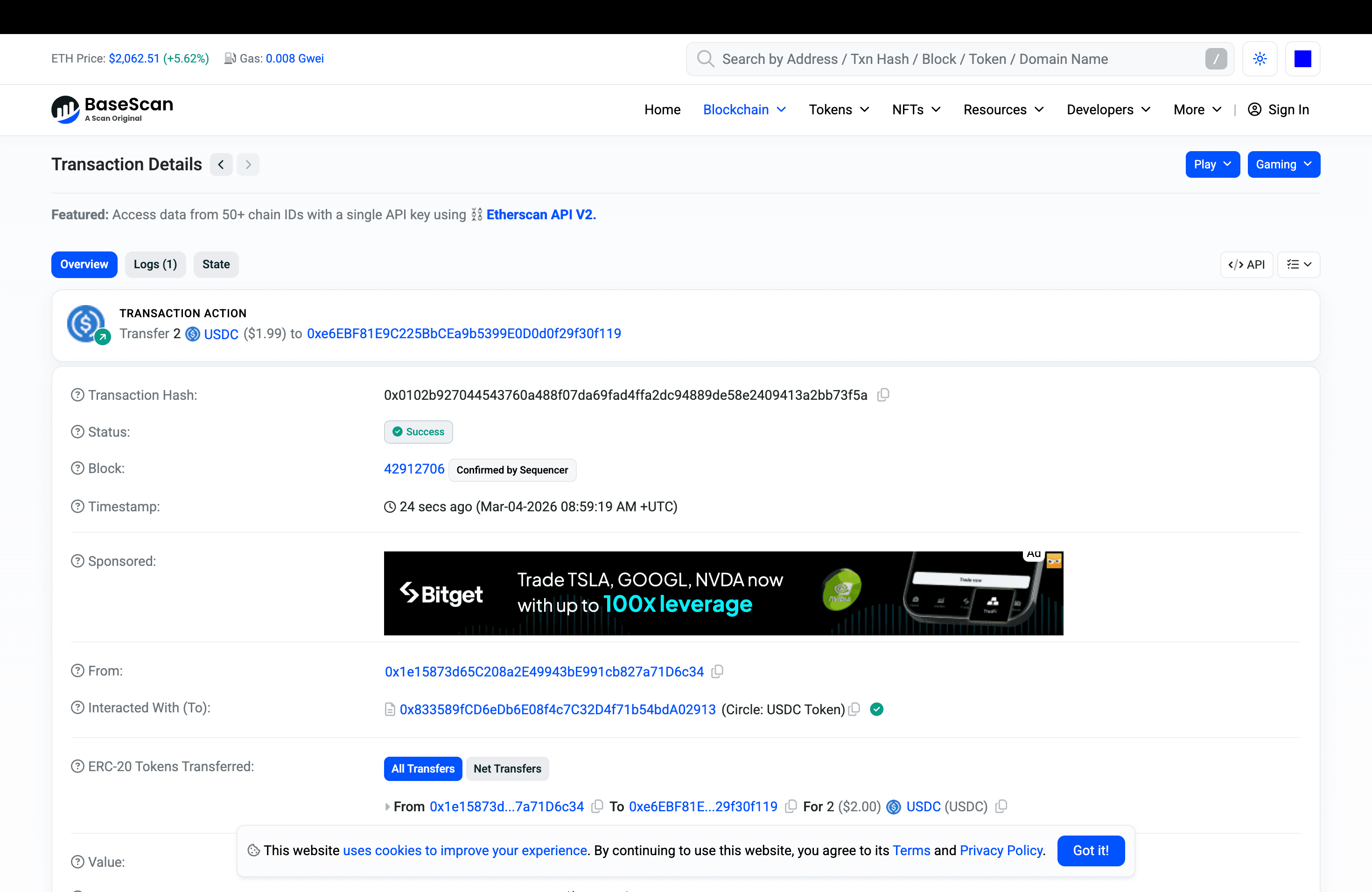 BaseScan transaction detail page showing the 2 USDC transfer with Success status