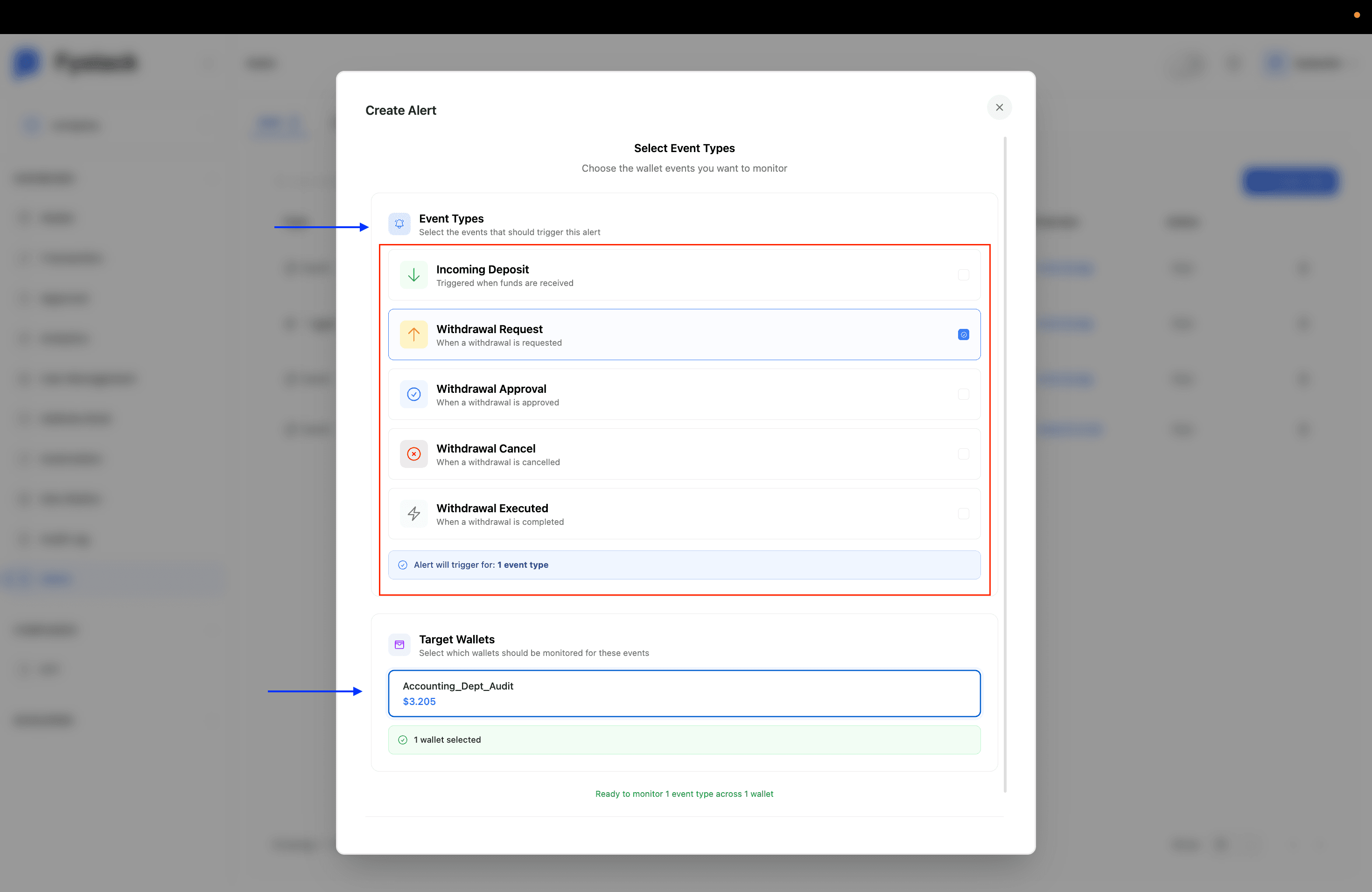 Create Alert step showing event type selection and target wallet picker