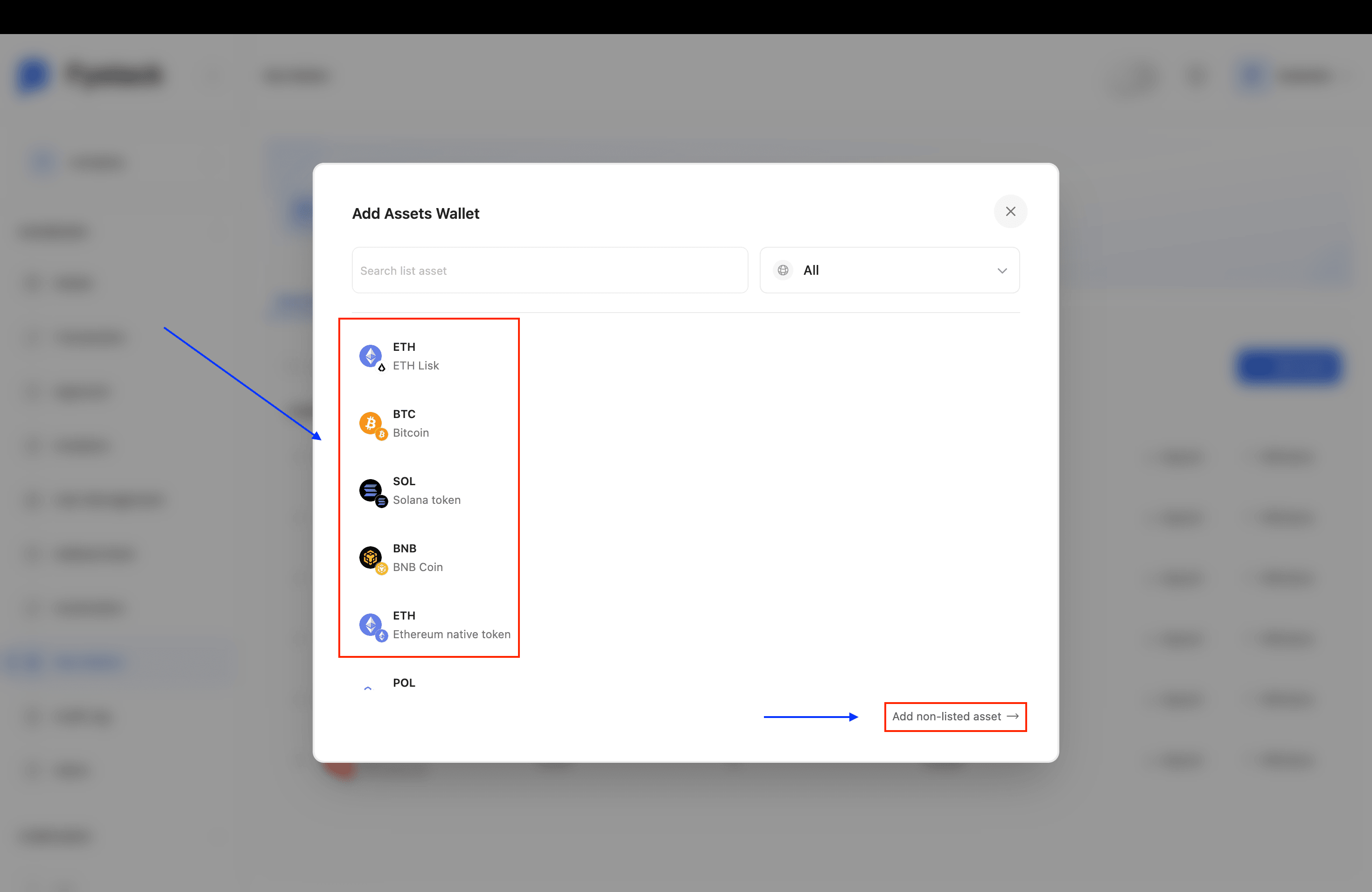 Add Assets Wallet modal showing the asset list and Add non-listed asset option