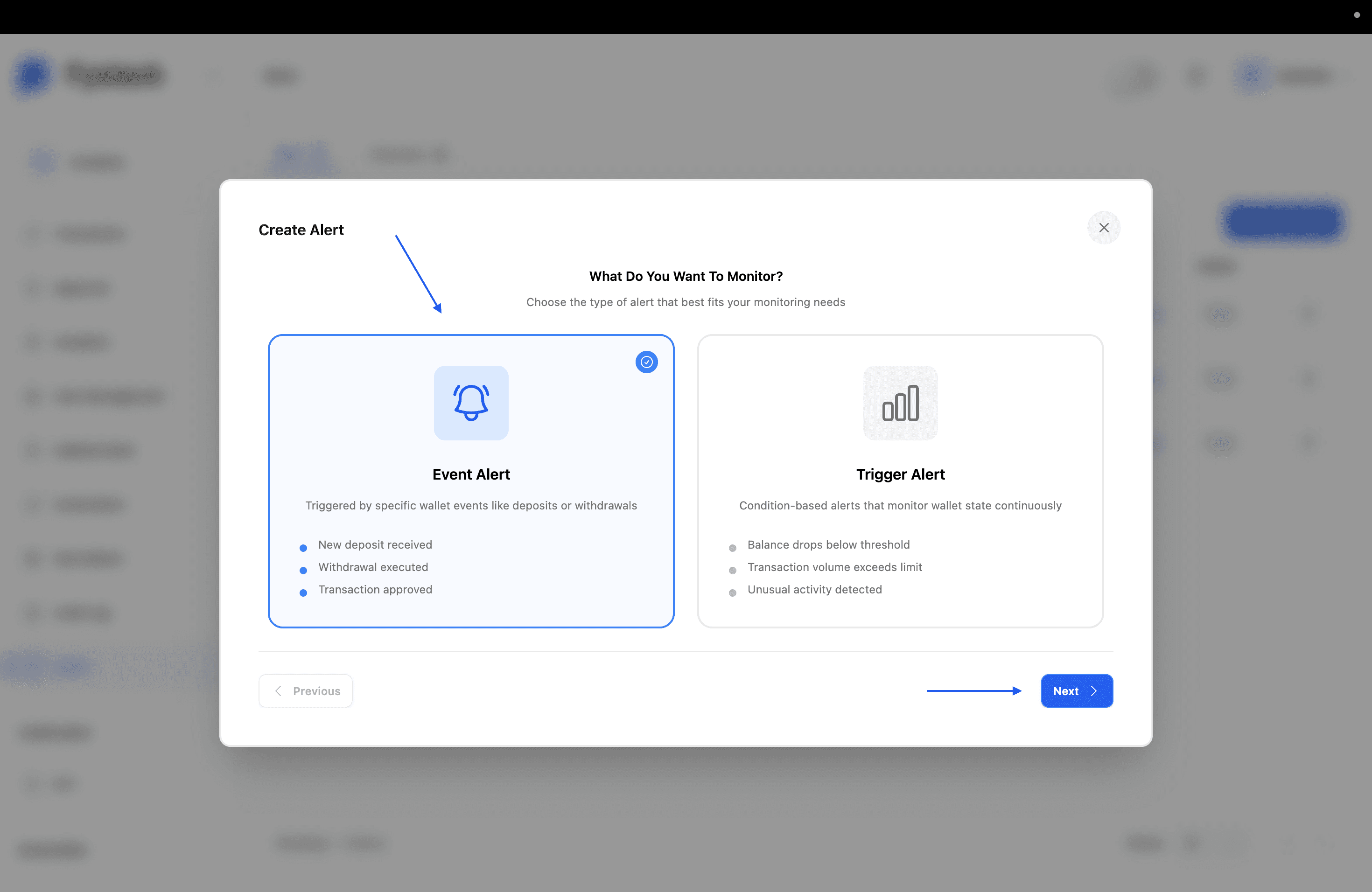 Create Alert type selection showing Event Alert and Trigger Alert options