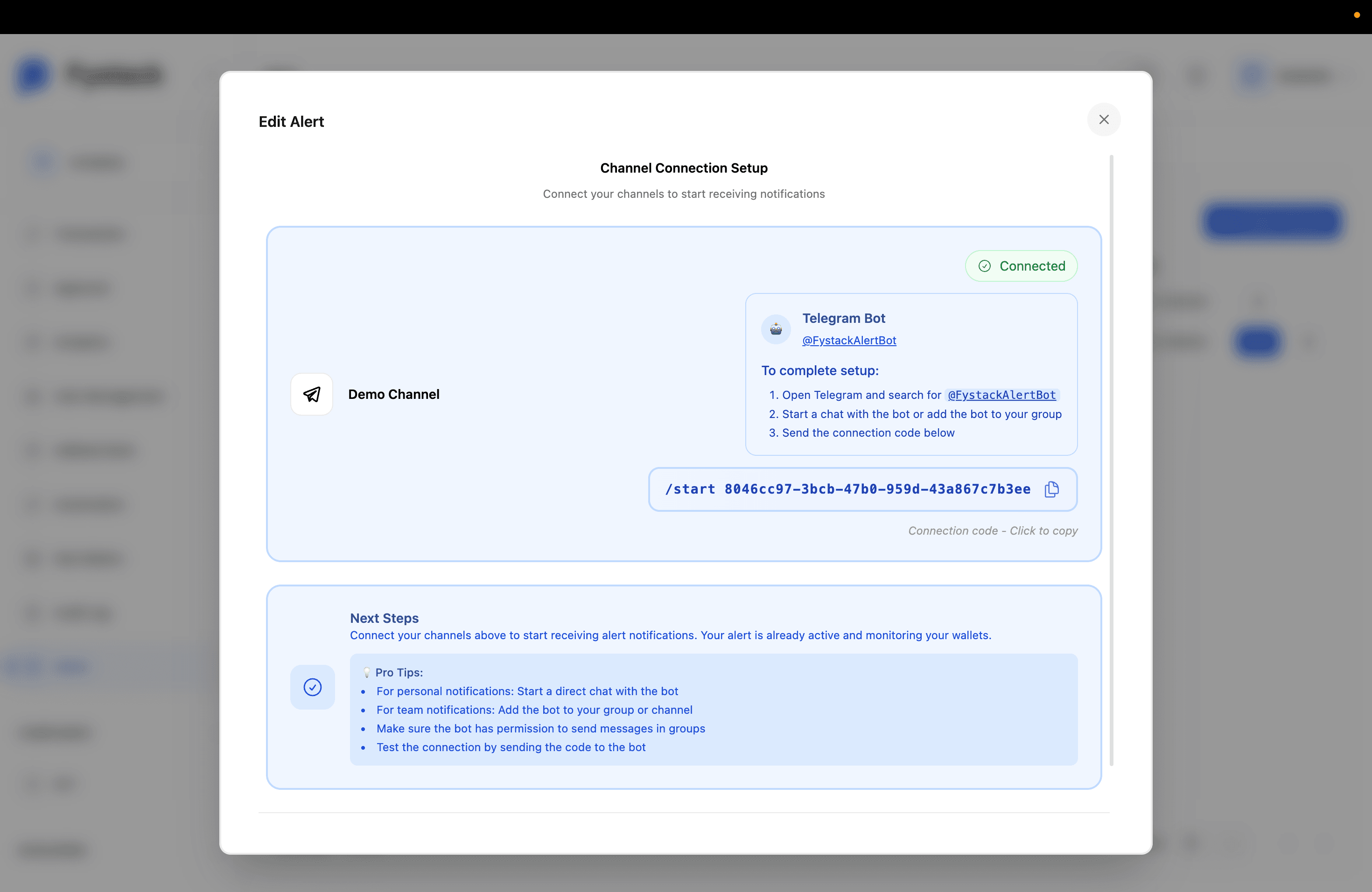 Channel Connection Setup dialog showing the Telegram bot name and connection code to send