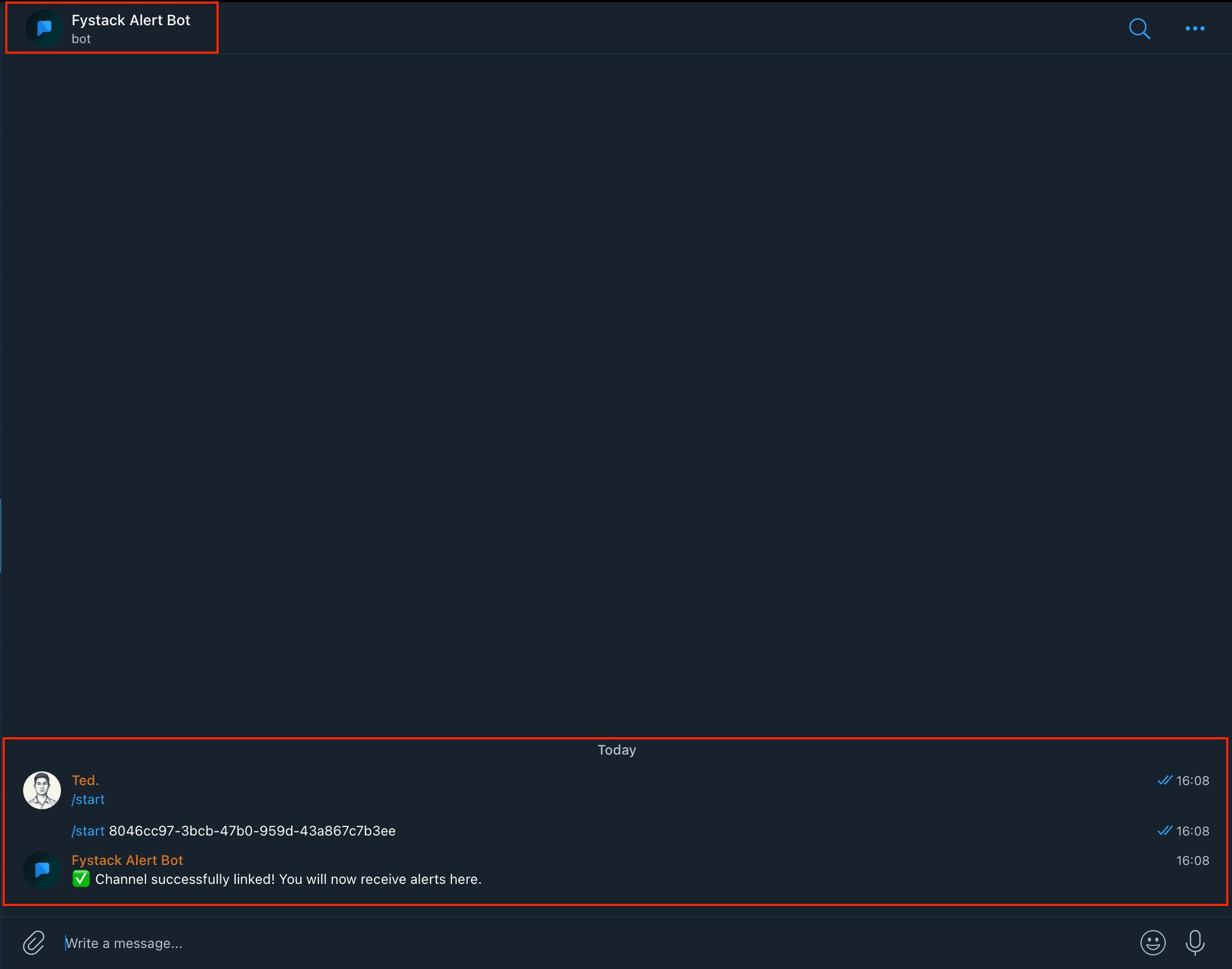 Telegram chat with Fystack Alert Bot confirming the channel is successfully linked