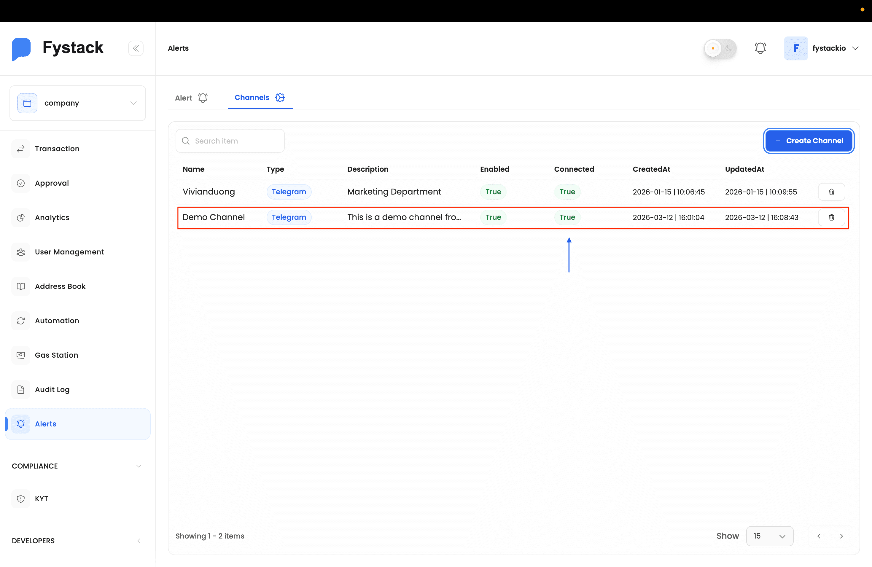 Channels list with Demo Channel now showing Connected as True