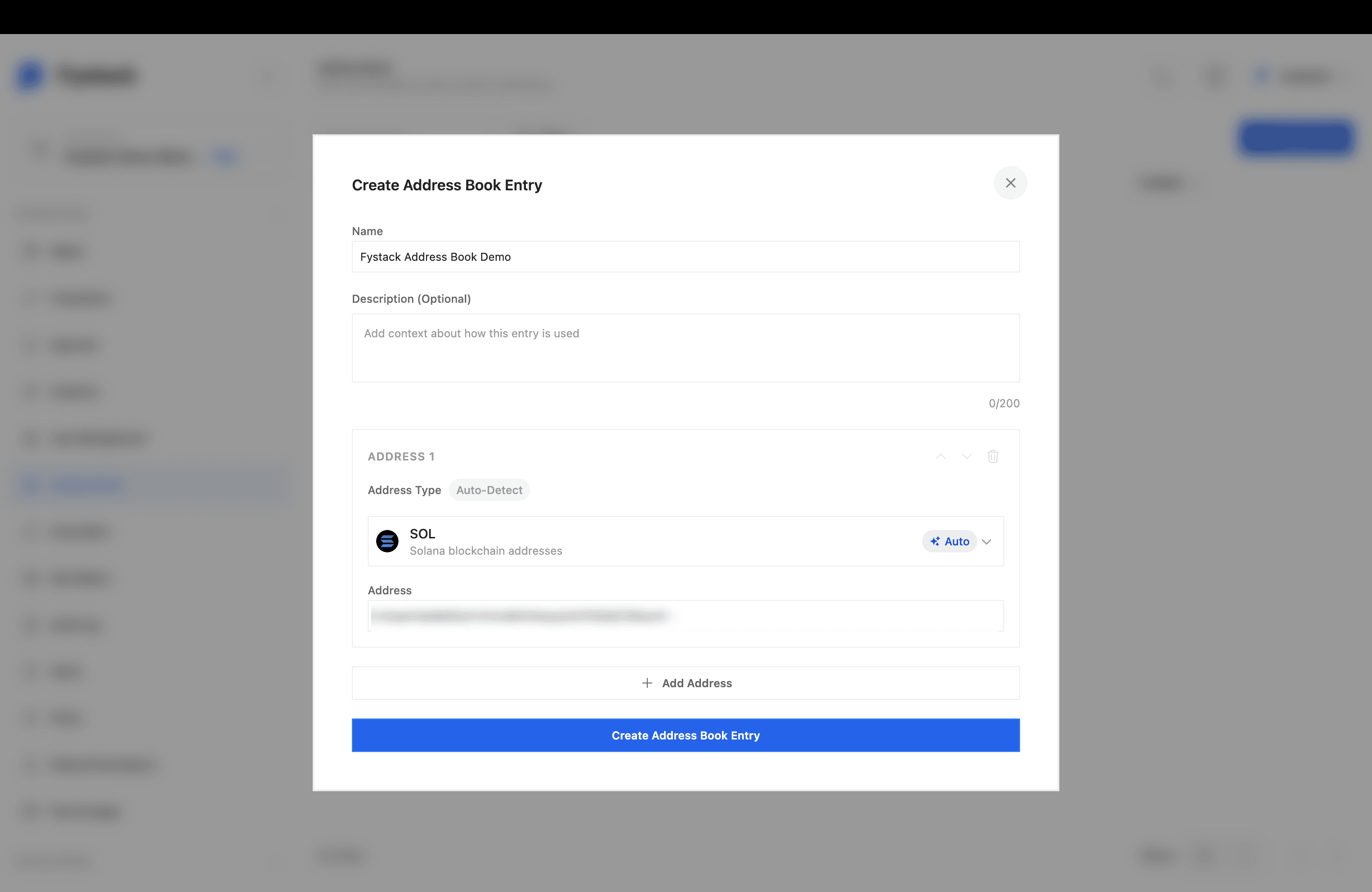Create Address Book Entry dialog with the name filled in and one Solana address added