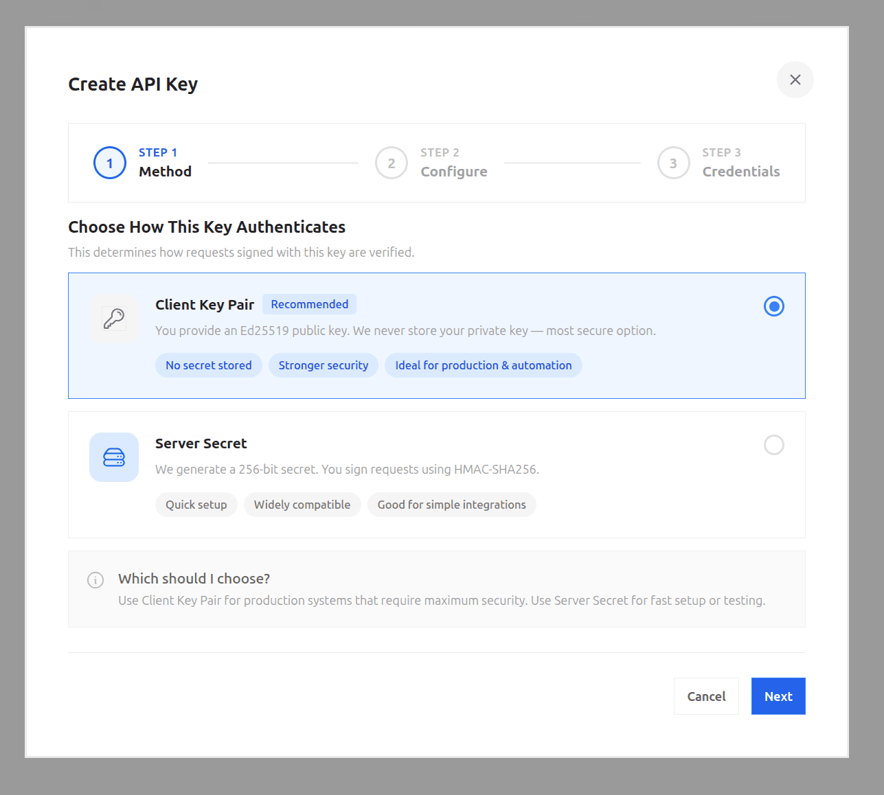 Create API Key dialog with Client Key Pair selected as the recommended authentication method, using an Ed25519 public key with no secret stored
