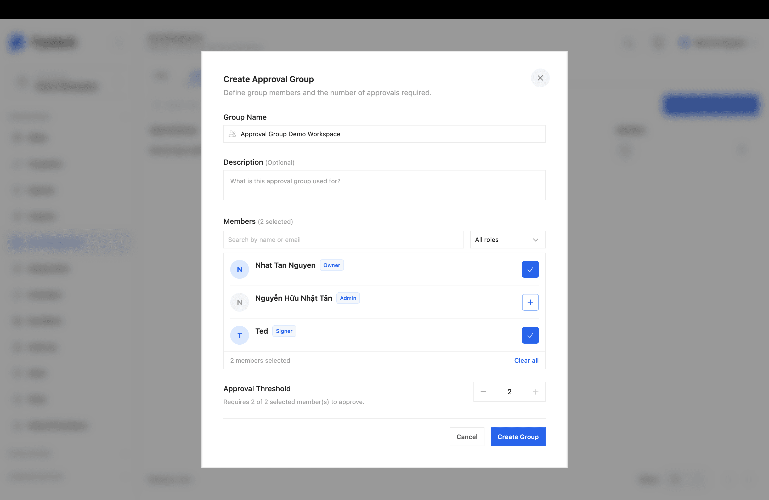 Create Approval Group modal with group name, description, member selection, and approval threshold