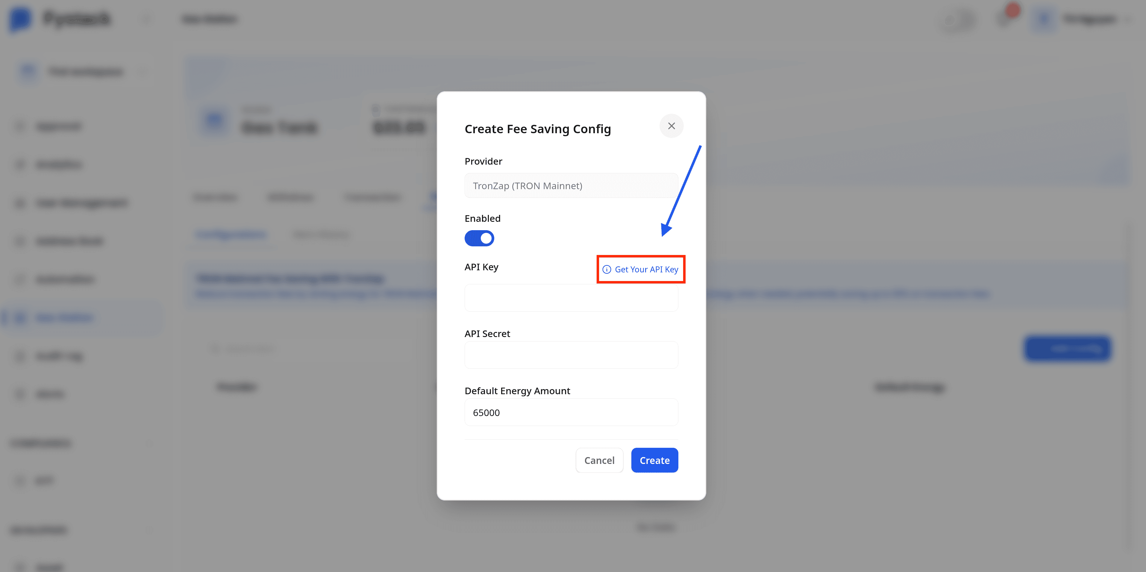 Create Fee Saving Config modal showing the Get Your API Key link