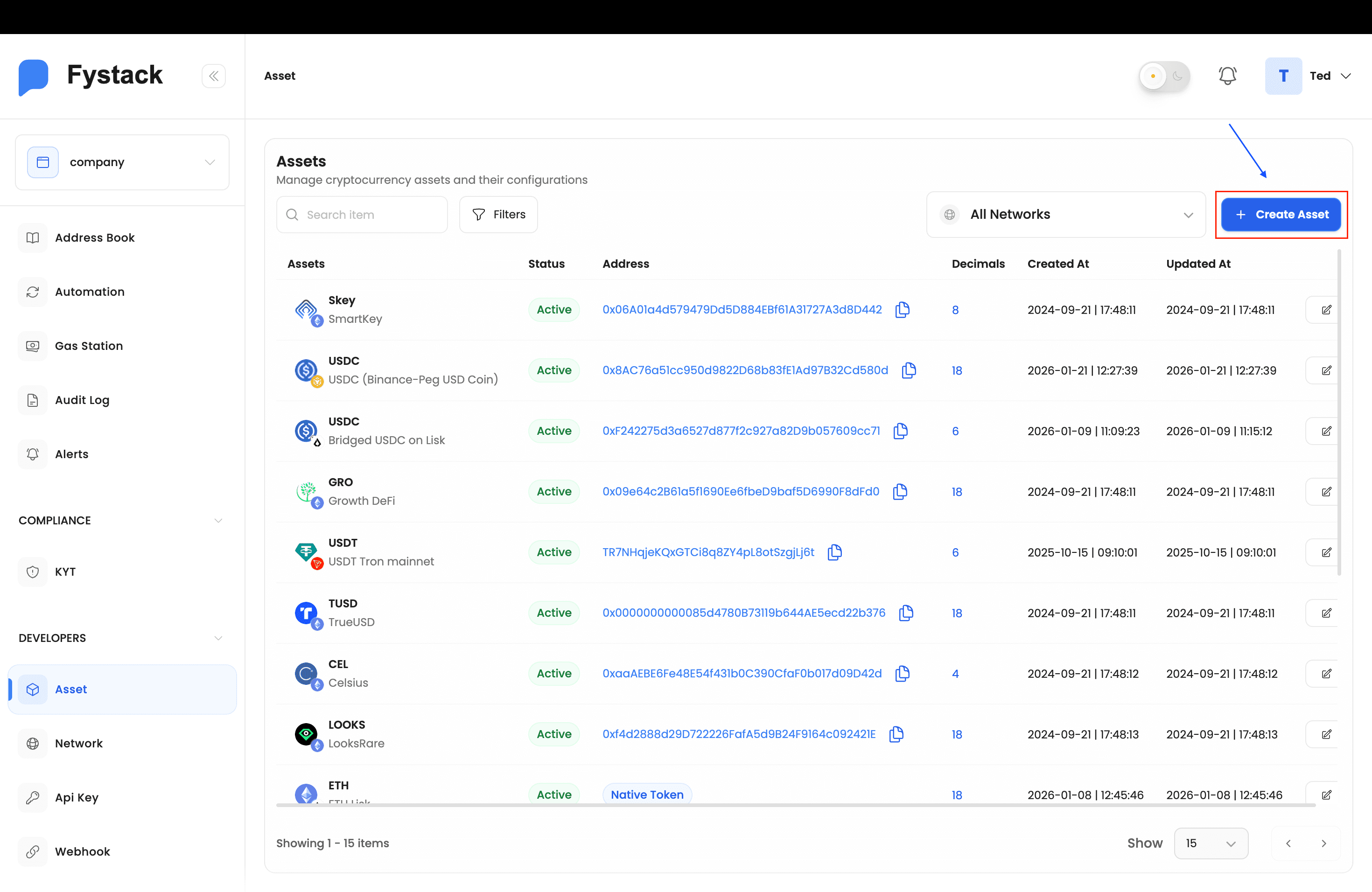 Asset list with the Create Asset button highlighted