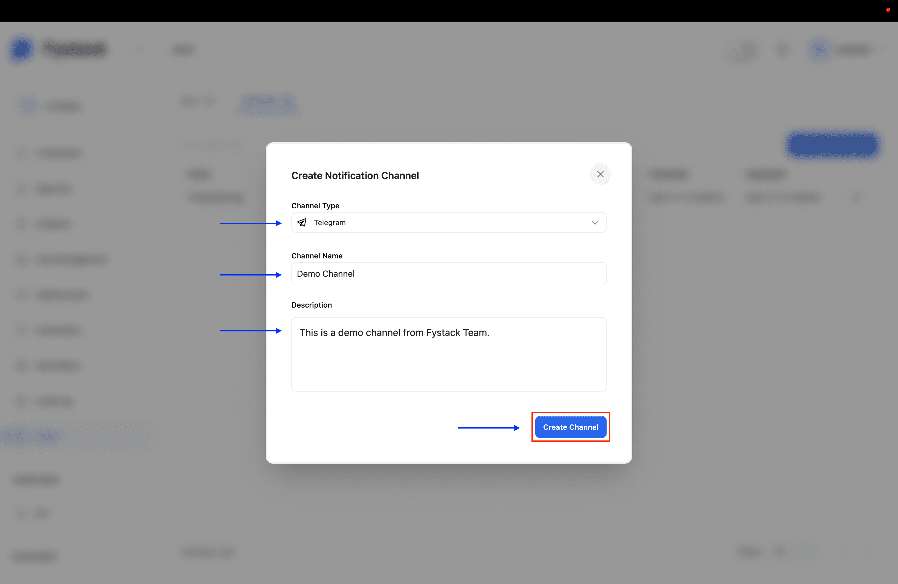 Create Notification Channel modal with Channel Type, Channel Name, and Description fields
