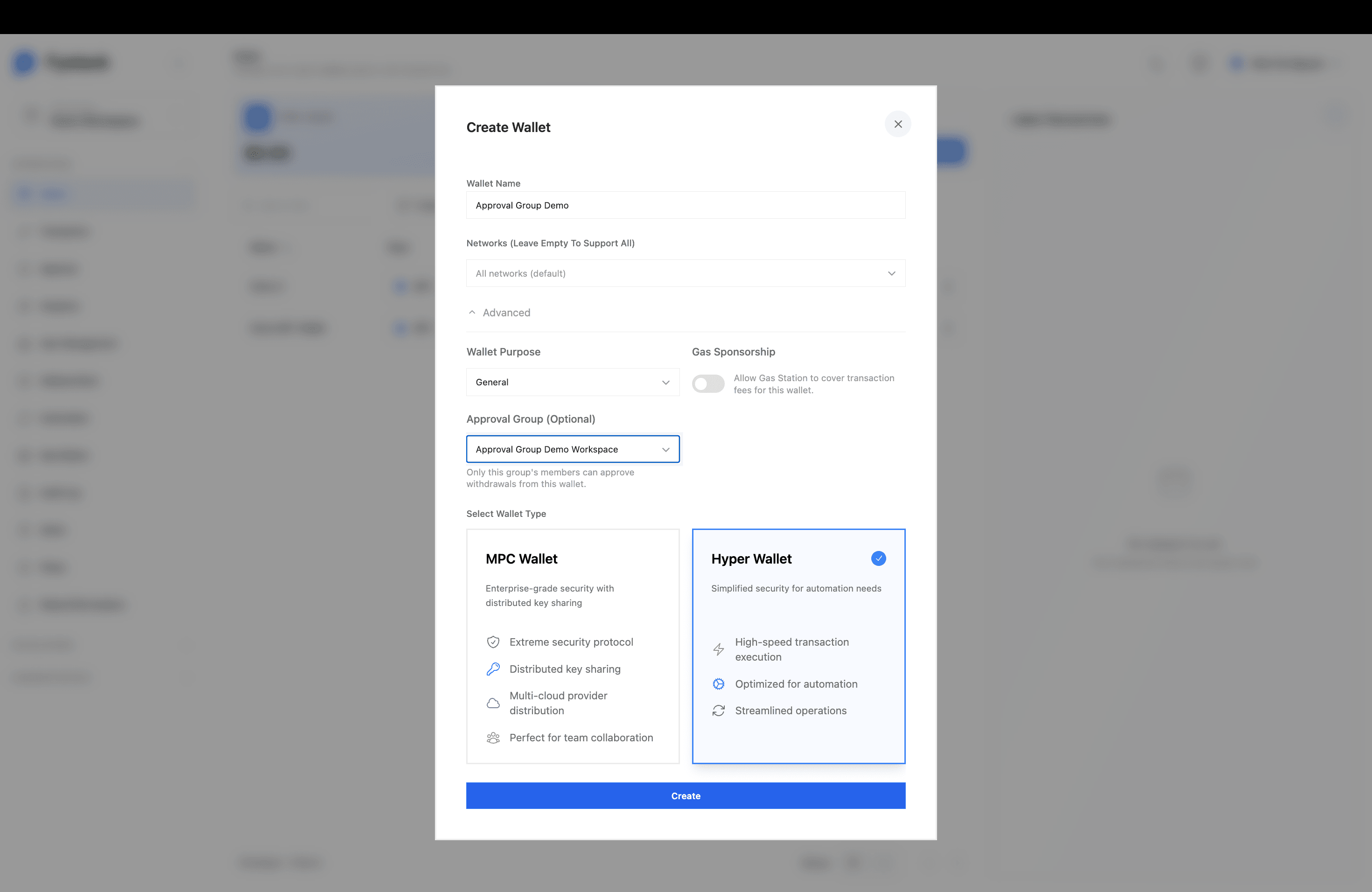 Create Wallet dialog with the Advanced section expanded, showing the Approval Group dropdown