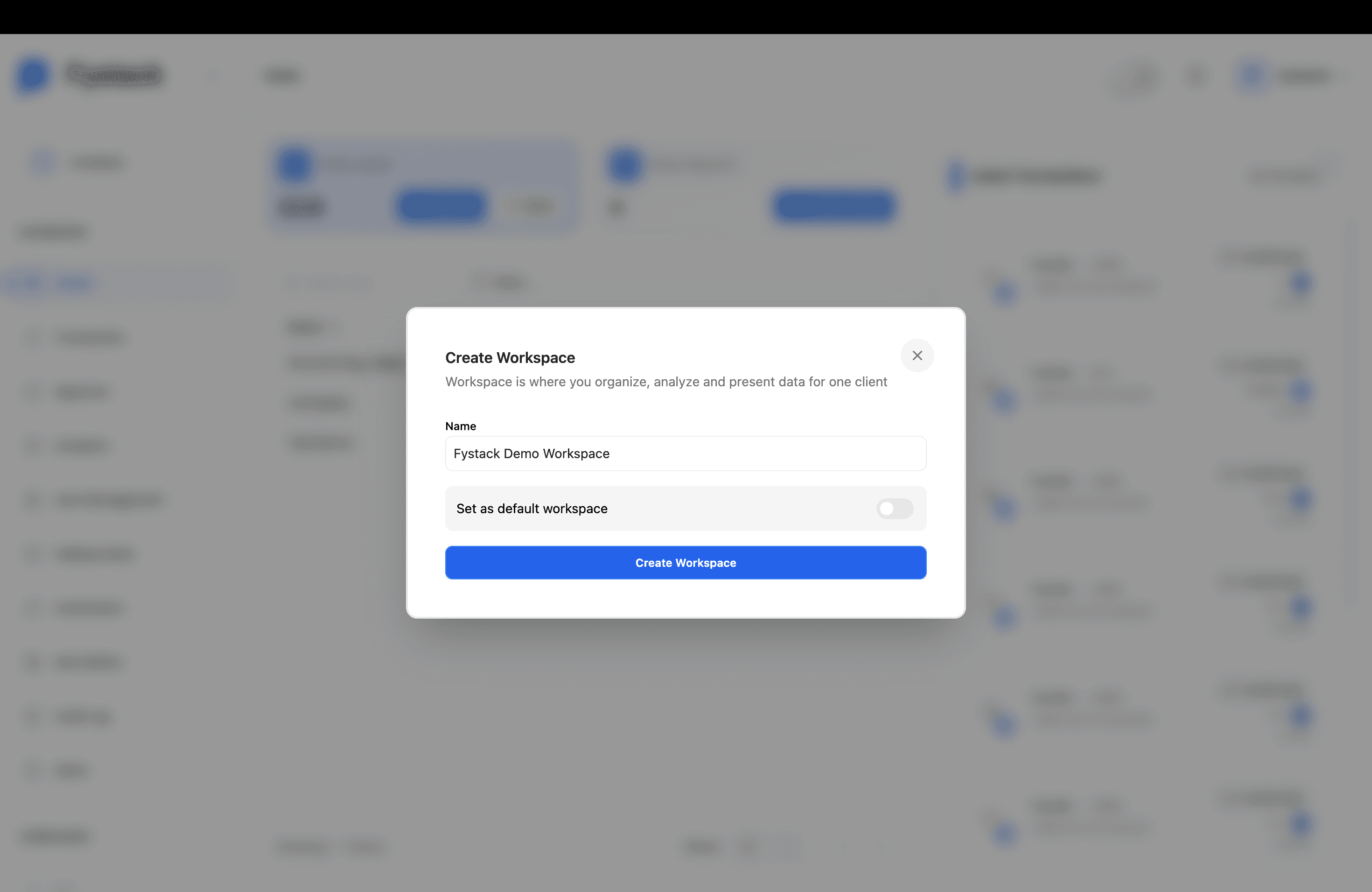 Create Workspace modal with Name field and Set as default workspace toggle