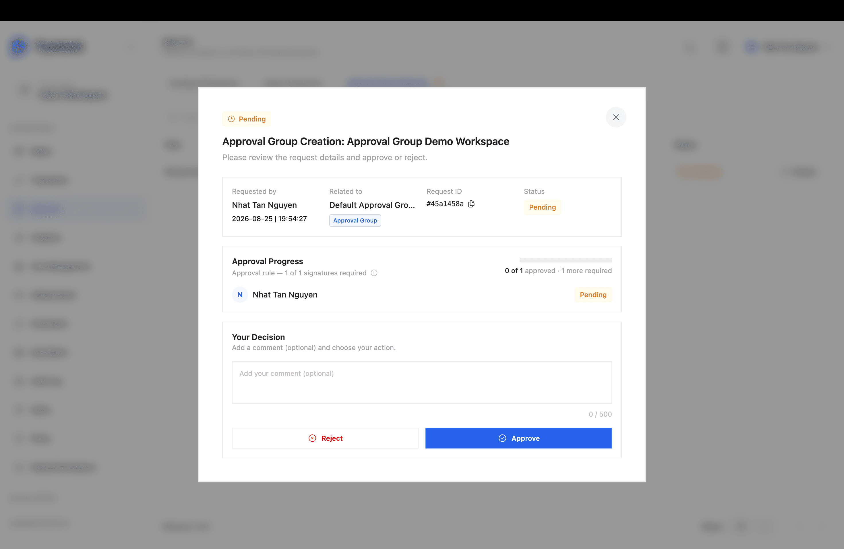 Approval Group Creation review dialog showing request details, approval progress, and Approve or Reject actions