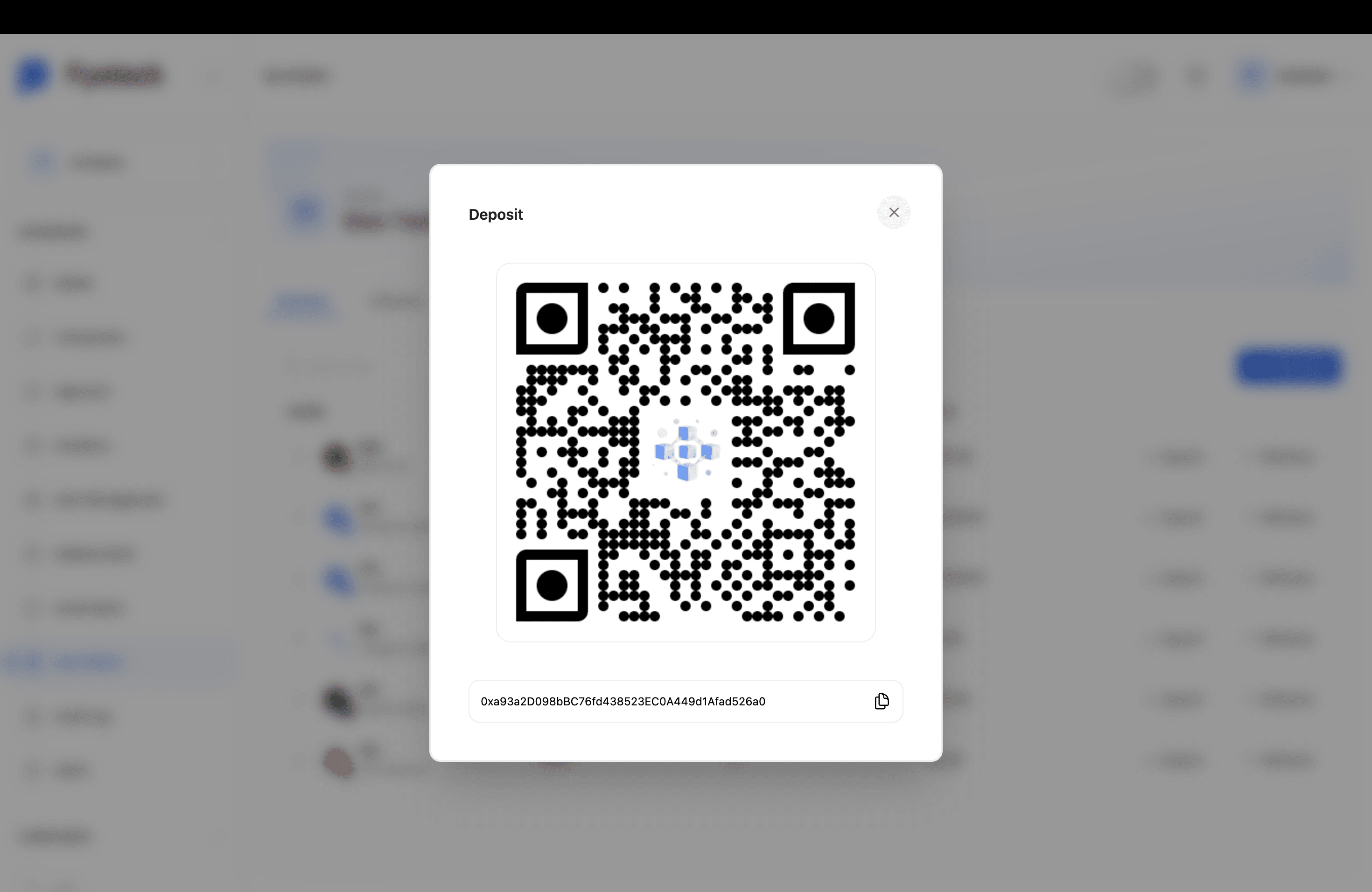 Deposit modal showing the Gas Tank QR code and wallet address