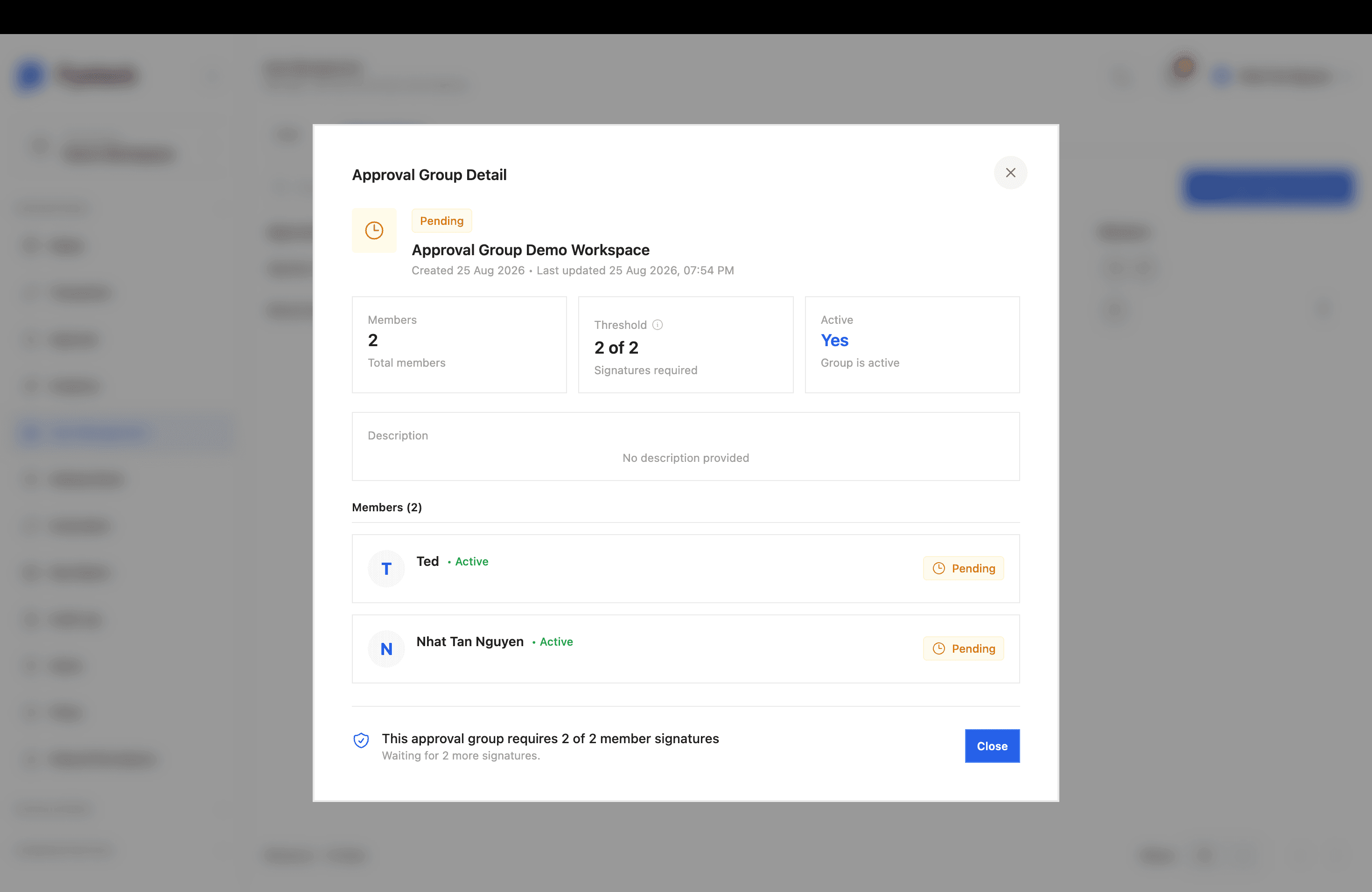Approval Group Detail dialog showing members, threshold, active state, and per-member pending status