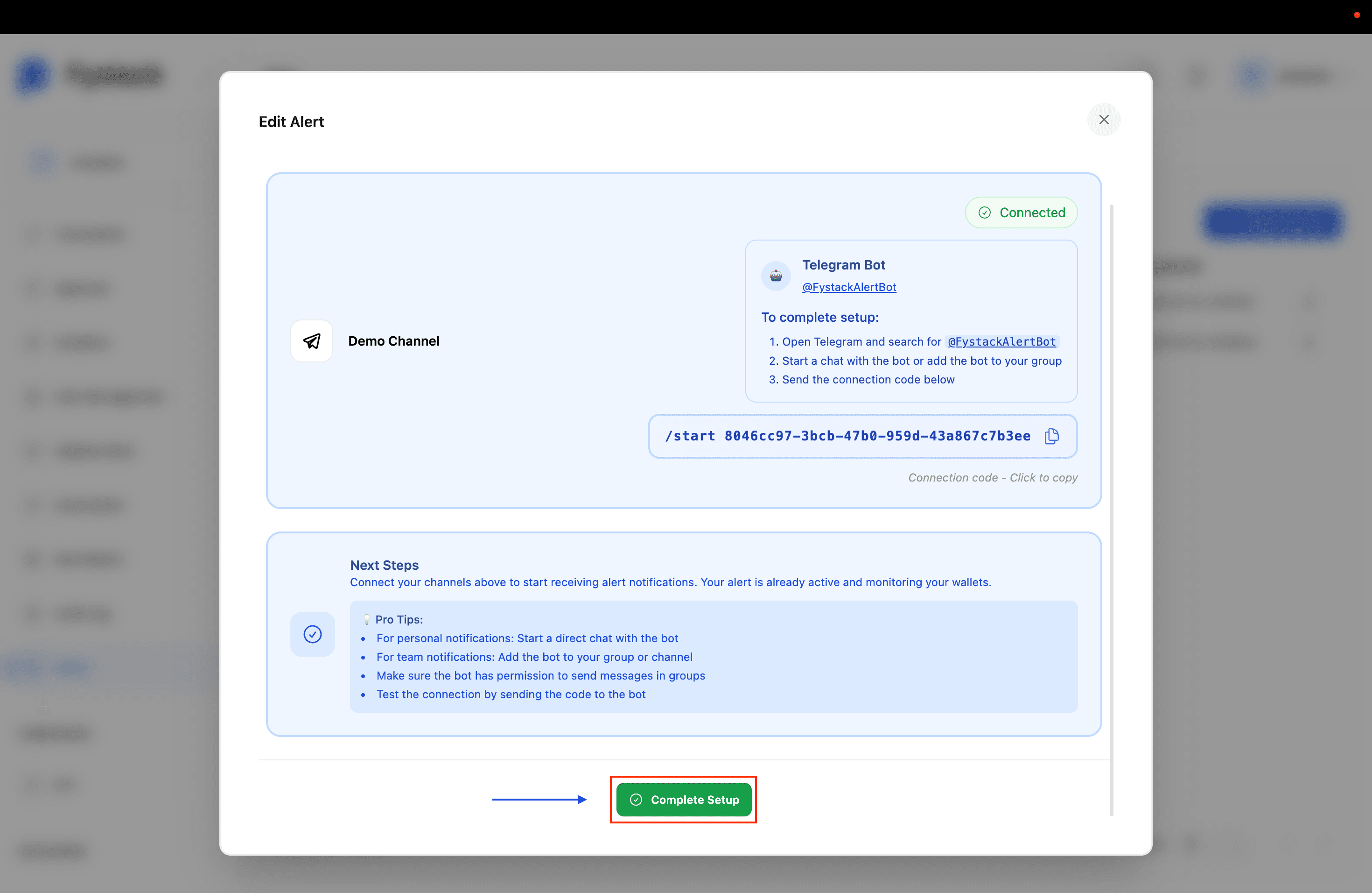 Channel Connection Setup dialog with Connected status and the Complete Setup button highlighted