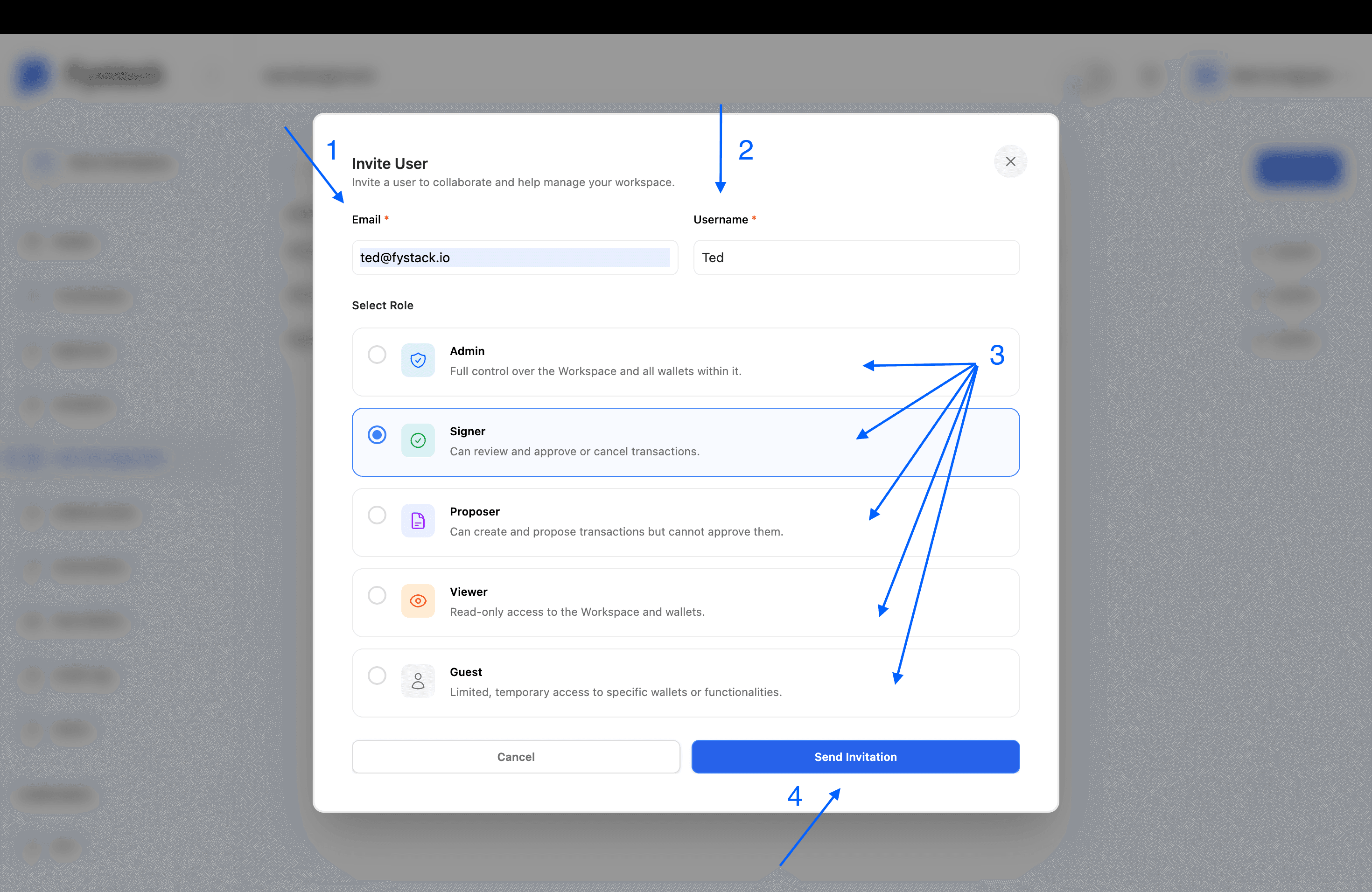 Invite User modal showing email, username, and role selection