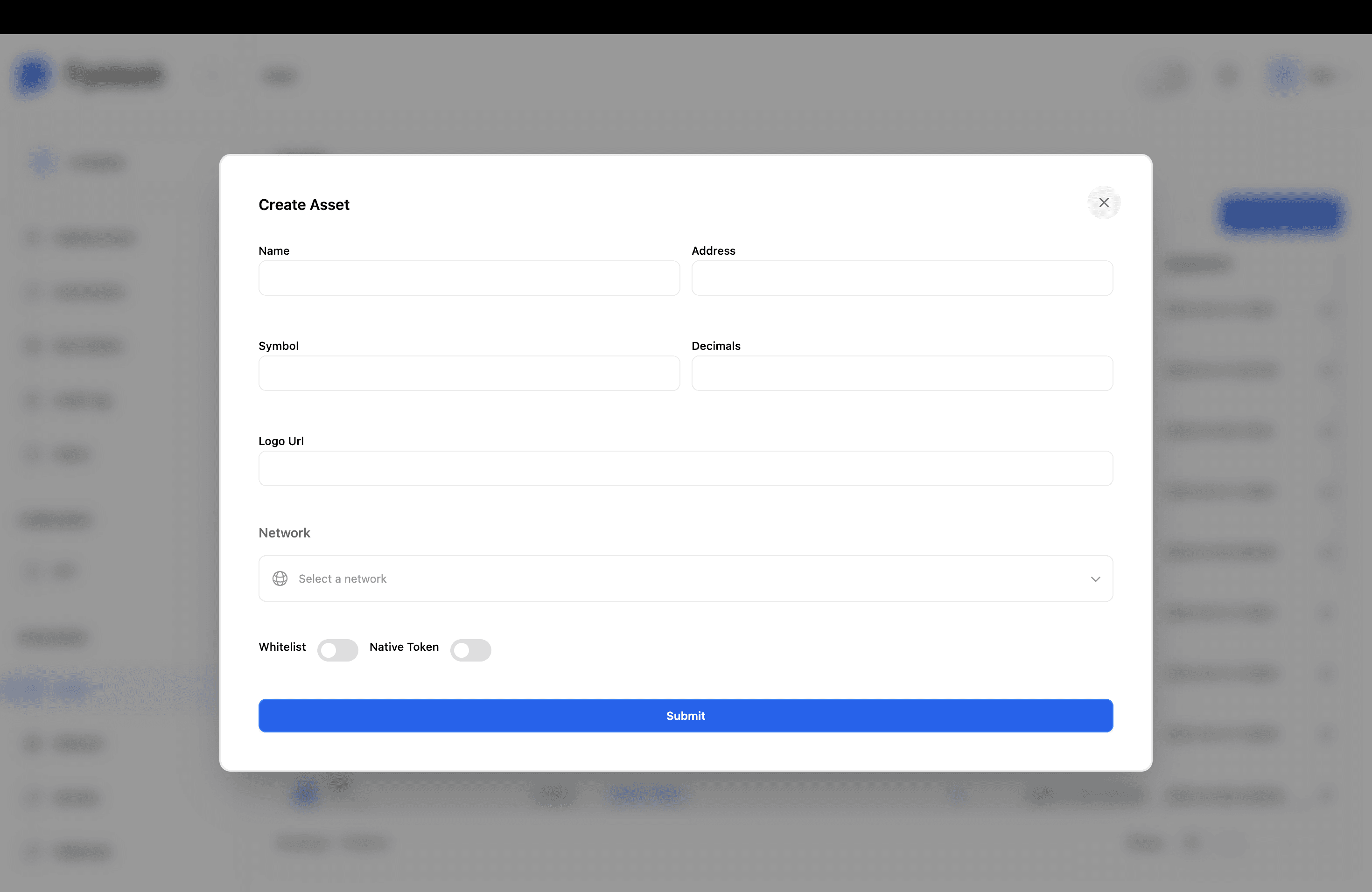 Create Asset form showing Name, Address, Symbol, Decimals, Logo URL, Network, Whitelist, and Native Token fields