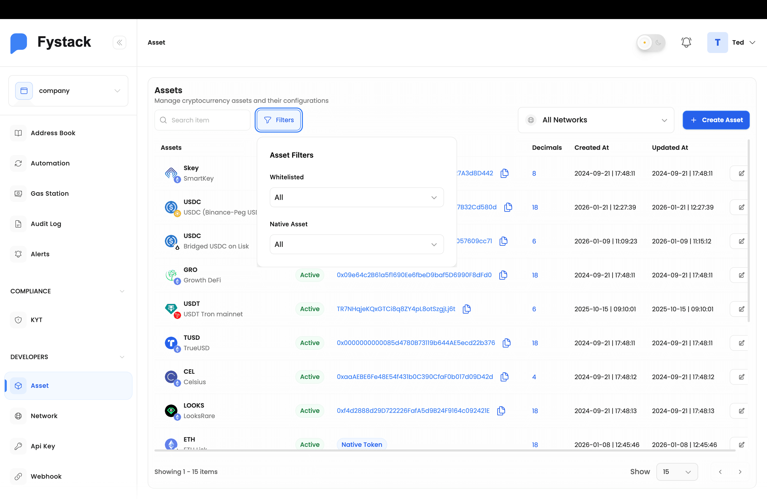 Asset Filters panel showing Whitelisted and Native Asset dropdowns