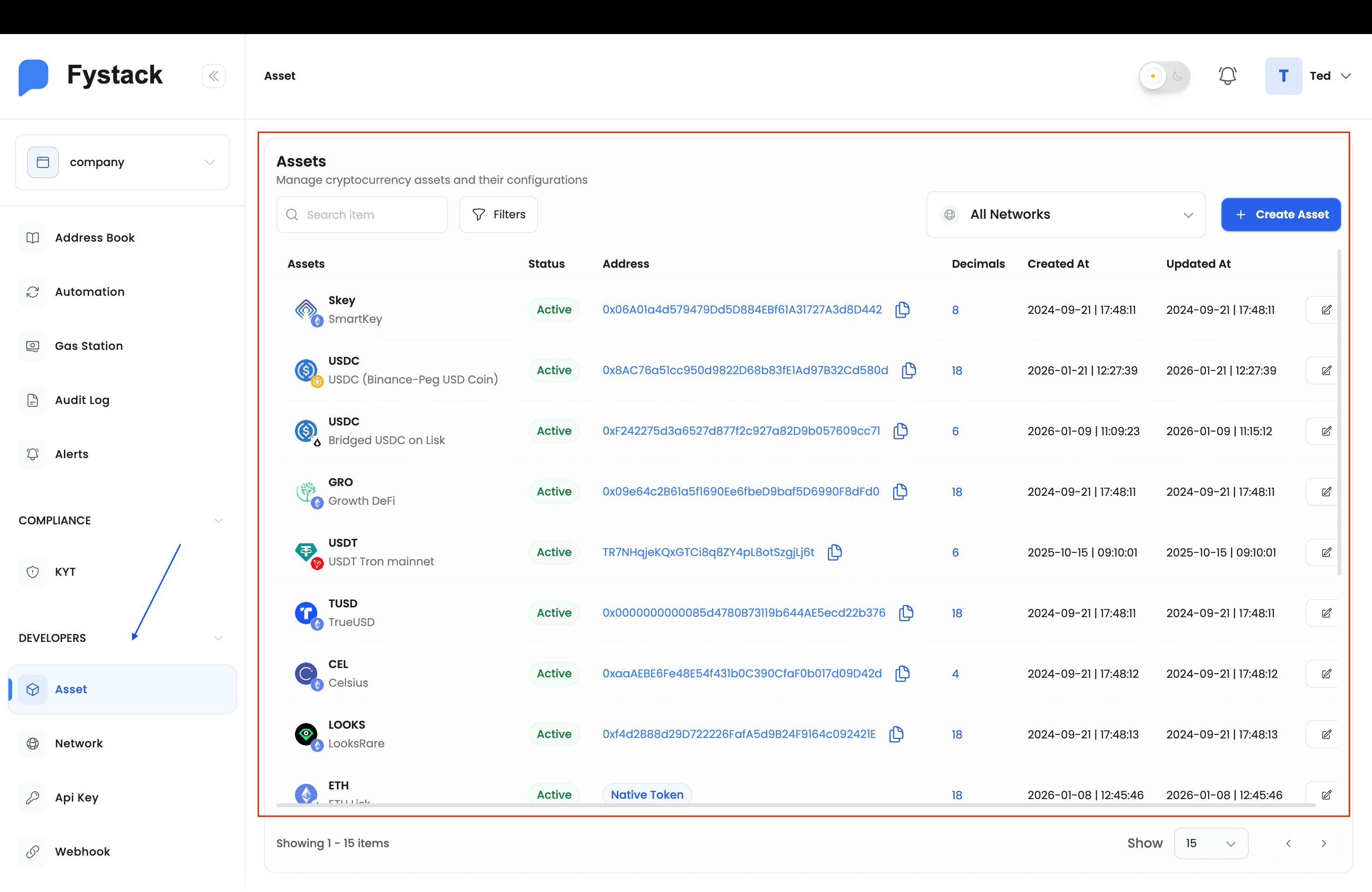 Asset Management page showing the list of configured assets with status, address, and decimal columns