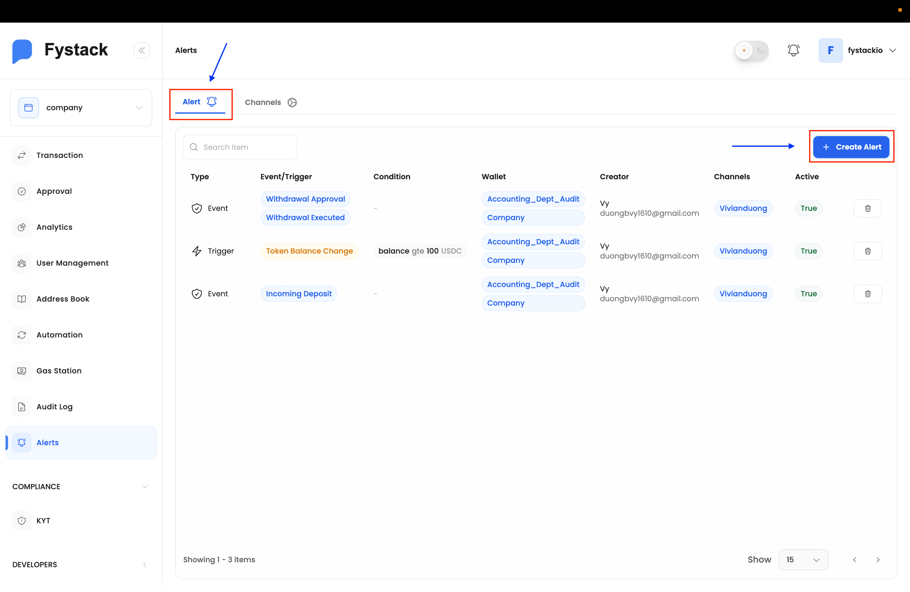 Alert tab showing the existing alerts list and the Create Alert button